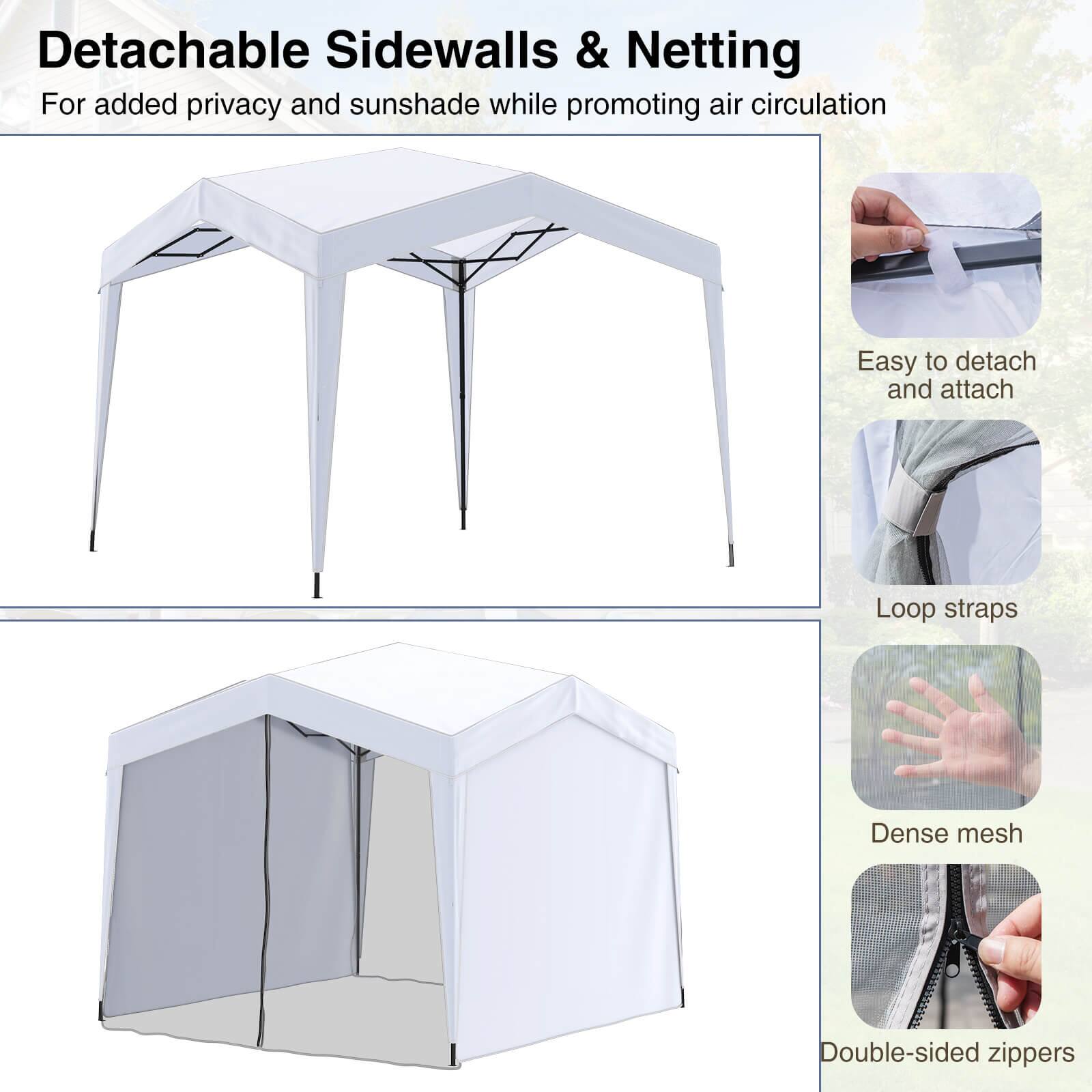 Detachable Sidewalls & Netting  
For added privacy and sunshade while promoting air circulation  

- Easy to detach and attach  
- Loop straps  
- Dense mesh  
- Double-sided zippers