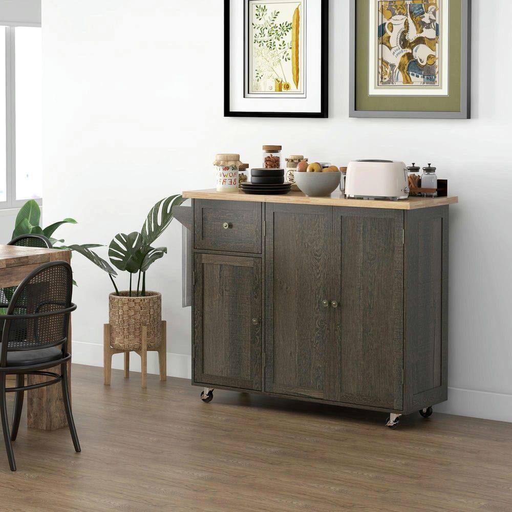 Kadyn - Triple Cabinet Rolling Kitchen Island on Locking Wheels with Adjustable Shelf - Brown