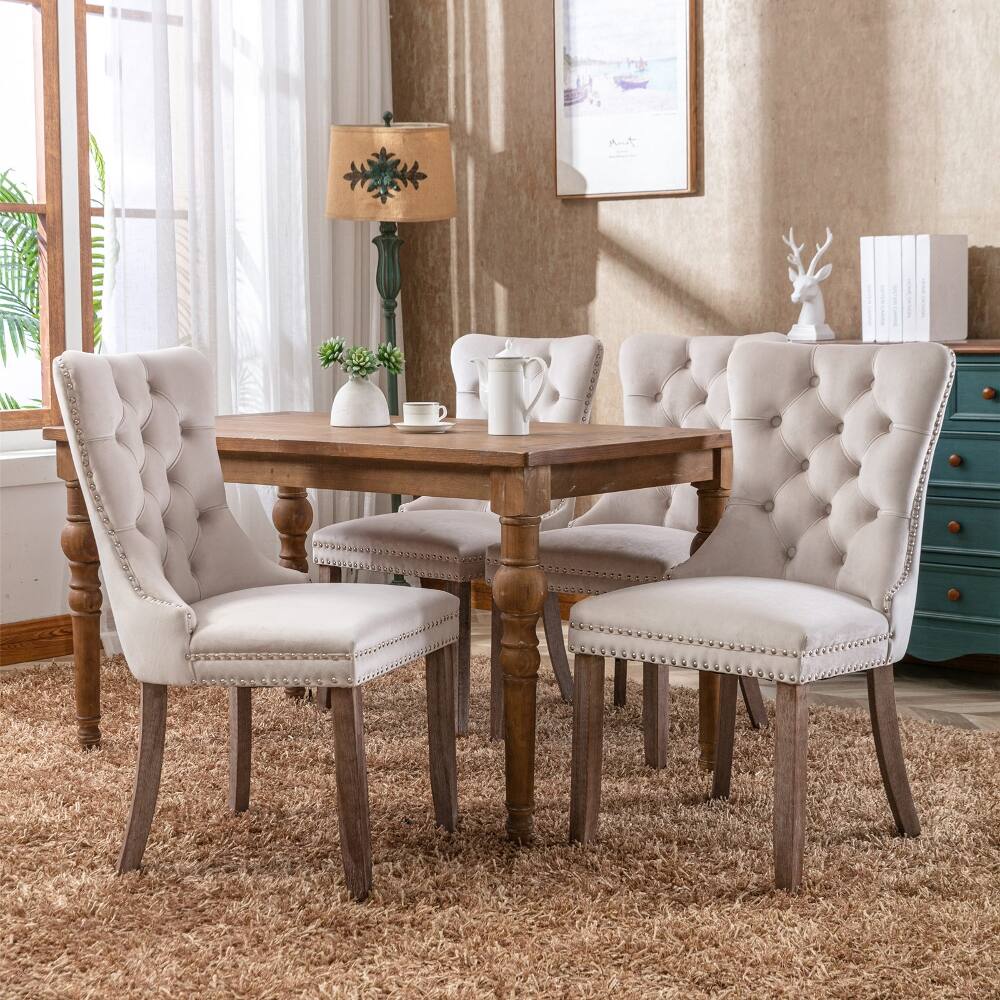 Alt View 8. Loheer - Loheer Beige Velvet Dining Chairs Set of 2 Tufted High Back Upholstered Mid-Century Modern Solid Wood Legs Nailhead Trim - Beige.