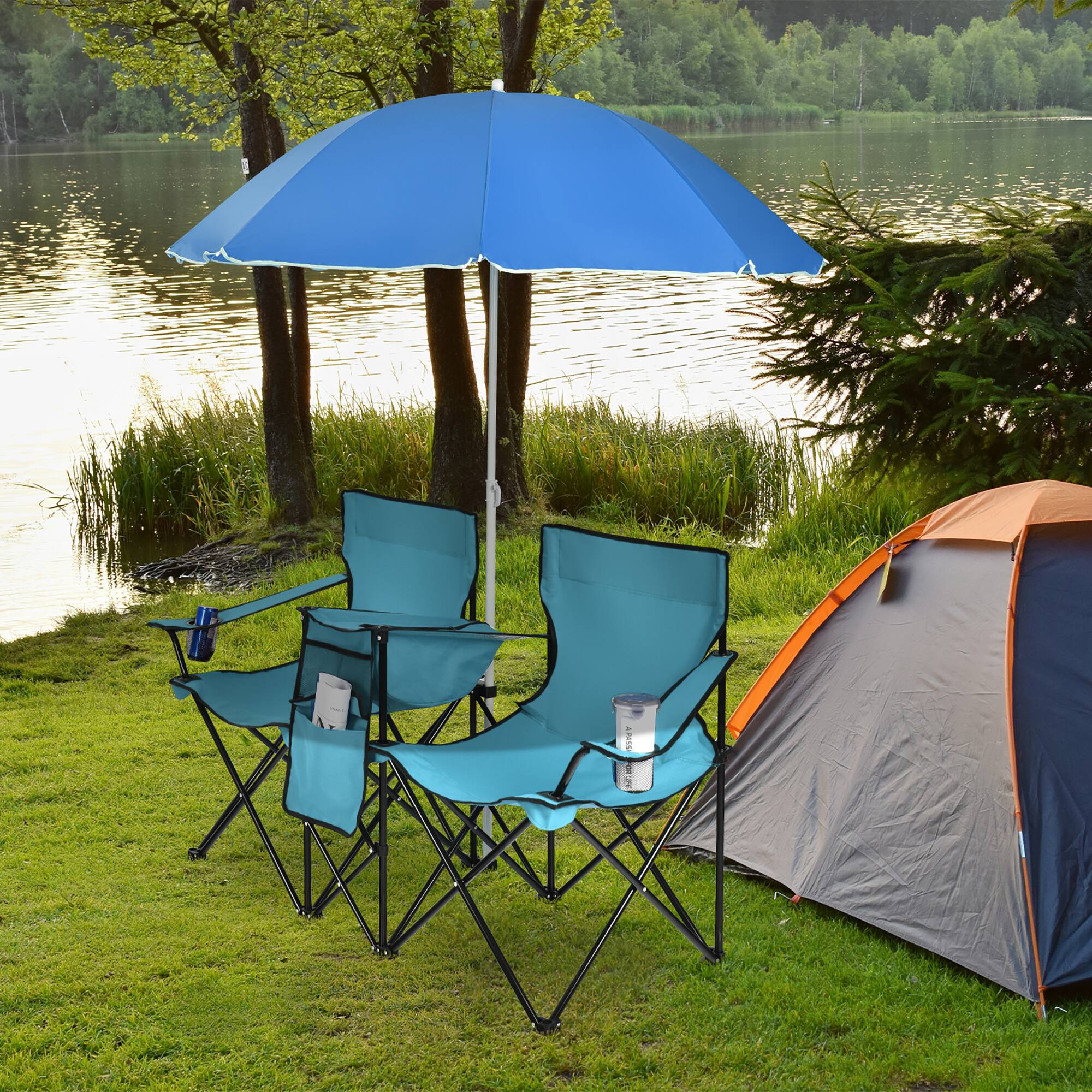 Left. Costway - Portable Folding Picnic Double Chair W/Umbrella Table Cooler Beach Camping Turquoise - Turquoise.