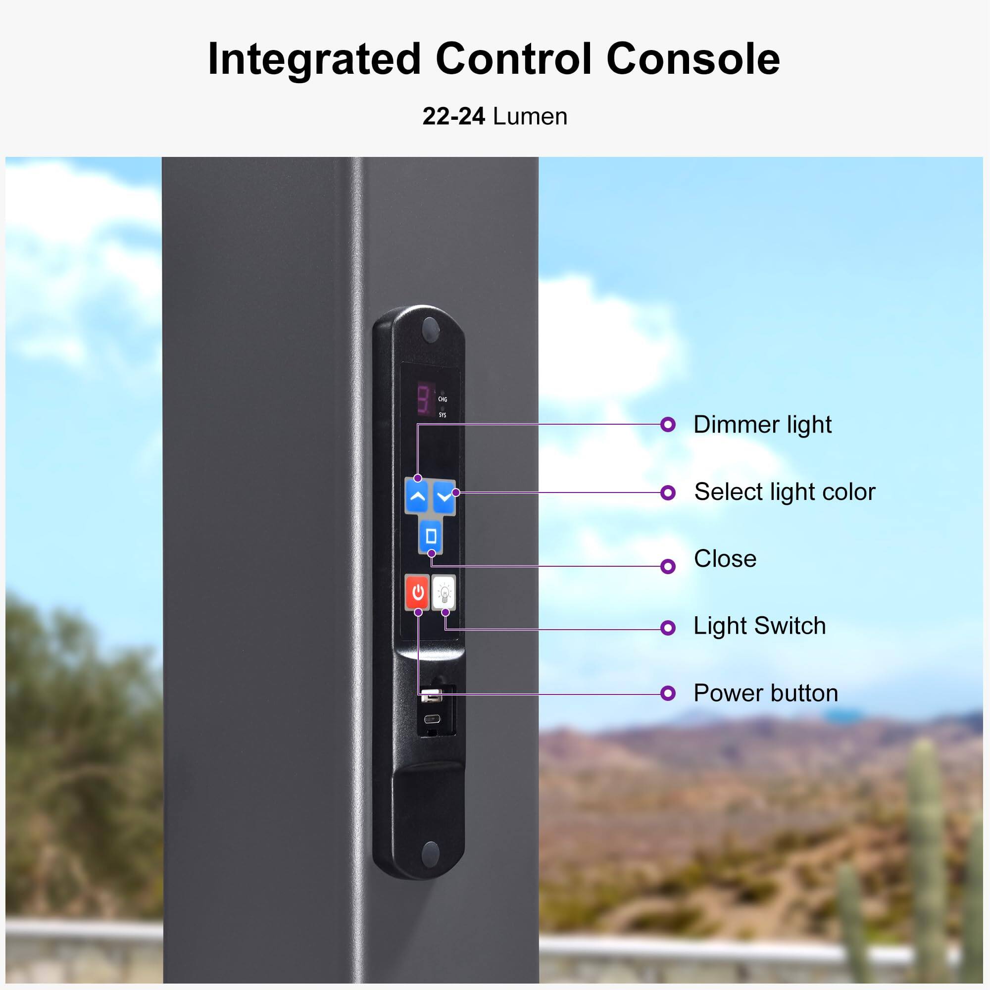 Integrated Control Console  
22-24 Lumen  

- Dimmer light  
- Select light color  
- Close  
- Light Switch  
- Power button