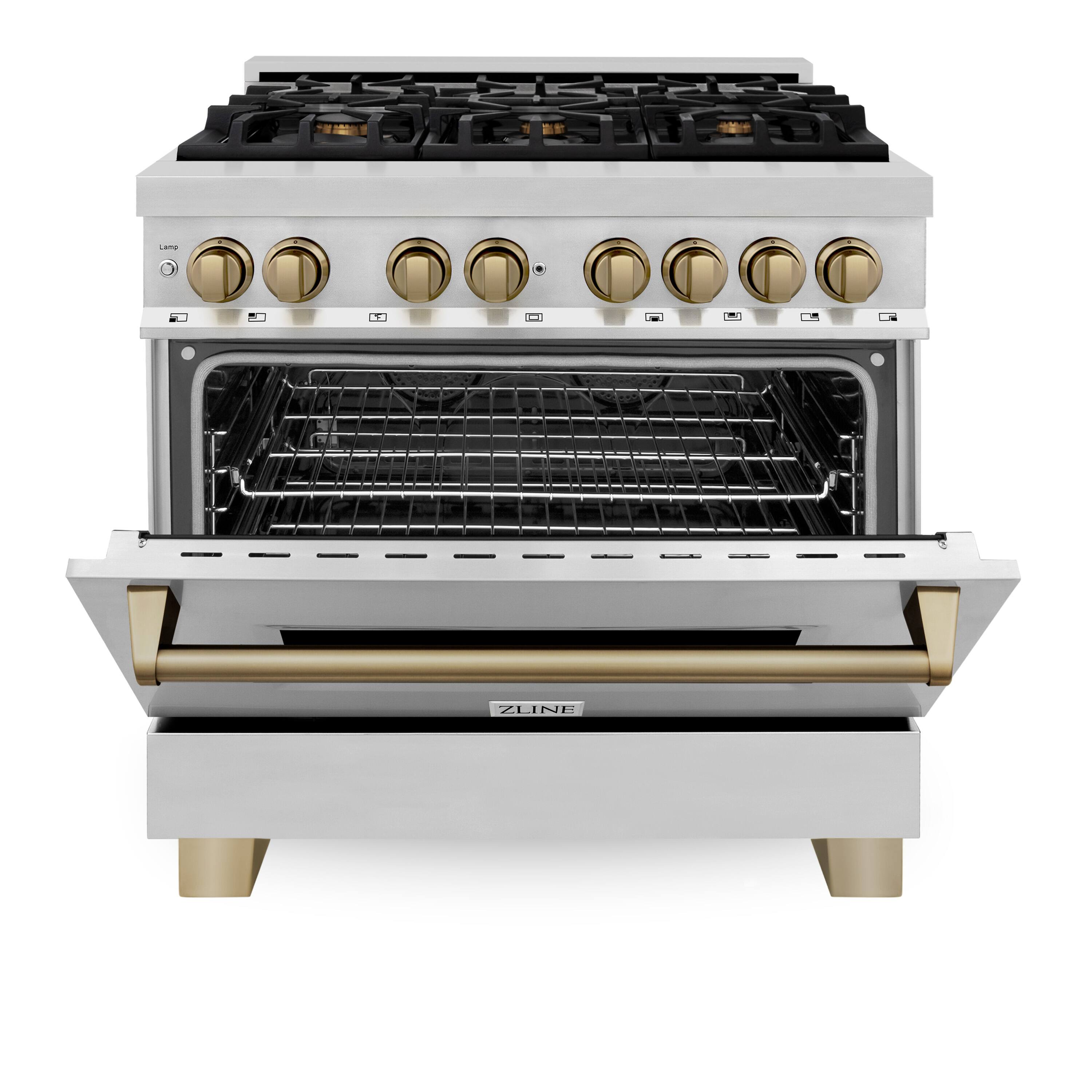 Angle. ZLINE - Autograph 36" Legacy Dual Fuel Range w/ 6 Burners & Champagne Bronze Accents (RAZ-36-CB) - Stainless Steel/Champagne Bronze Accents.