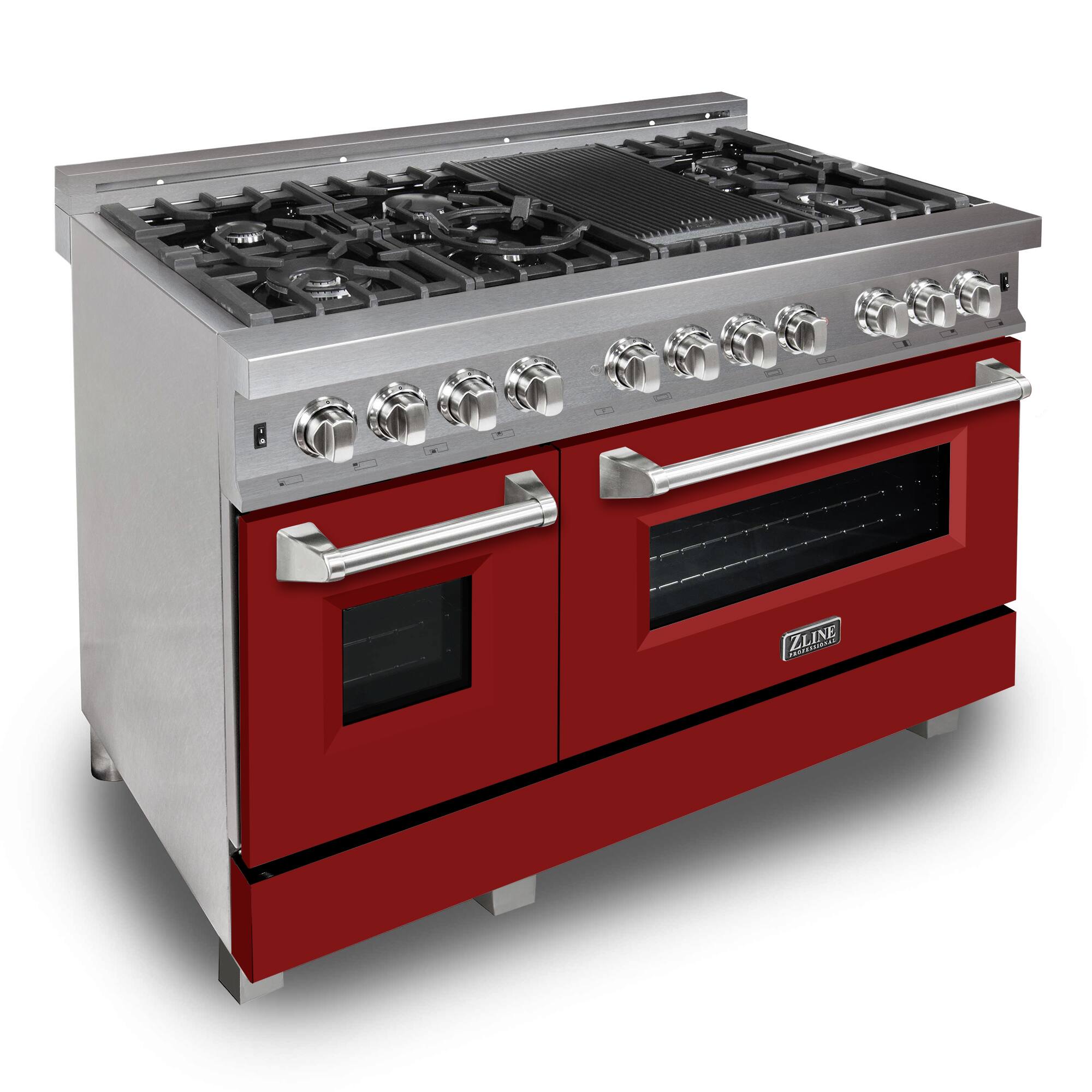 ZLINE is the brand of the red stove top oven shown in the image.