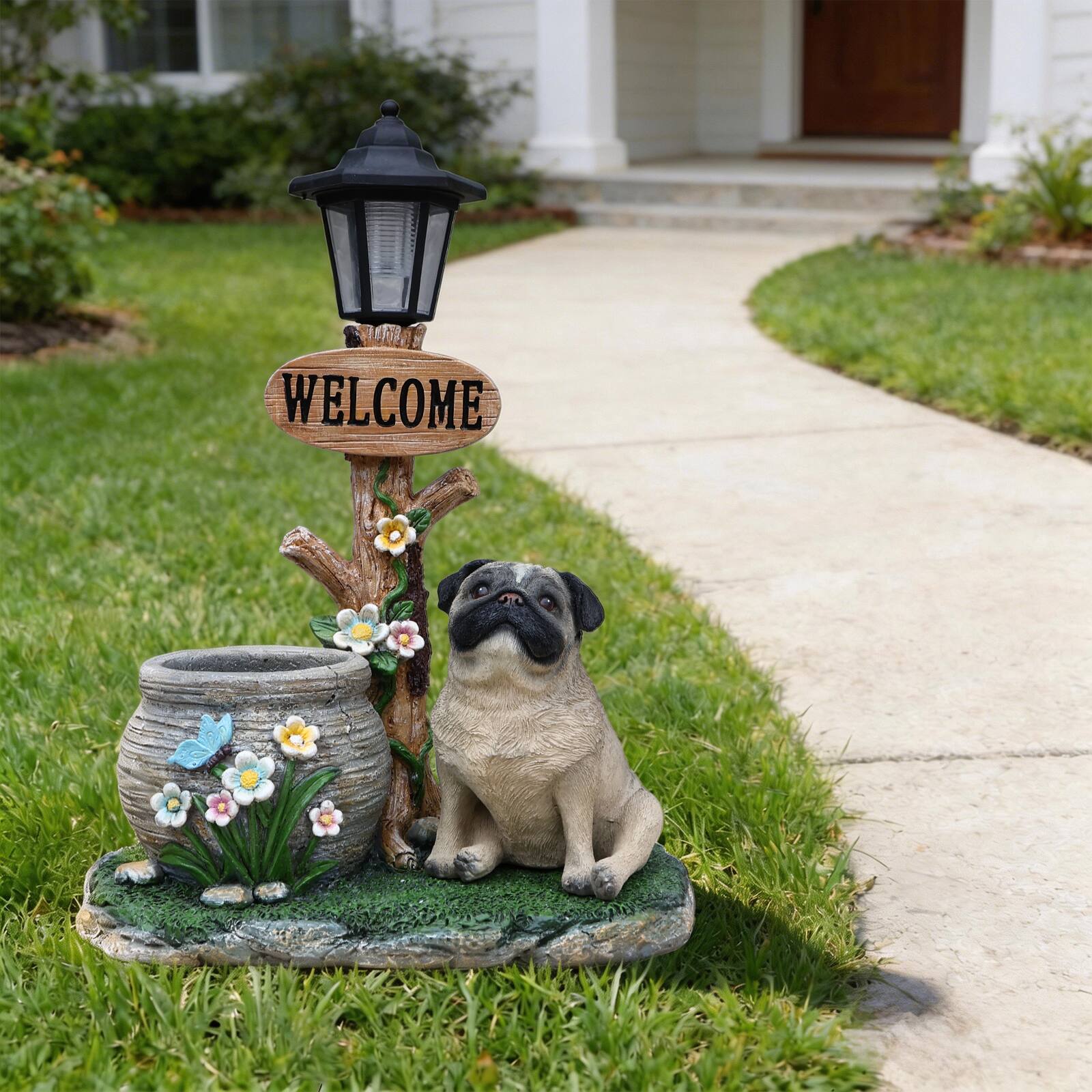 Angle. Anysun - Sitting Bulldog Planter Statue – Cute Garden Decor with Built‑In Flower Pot for Succulents or Flowers - Brown.