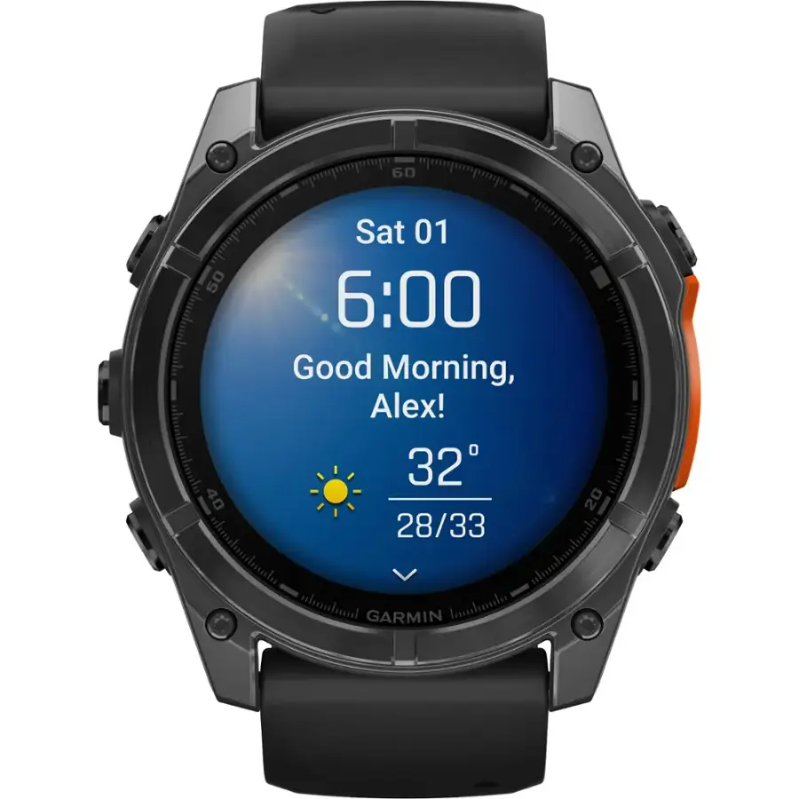 The text on the image reads: "60 Sat 01 50 6:00 Good Morning, Alex! 32 40 20 28/33."