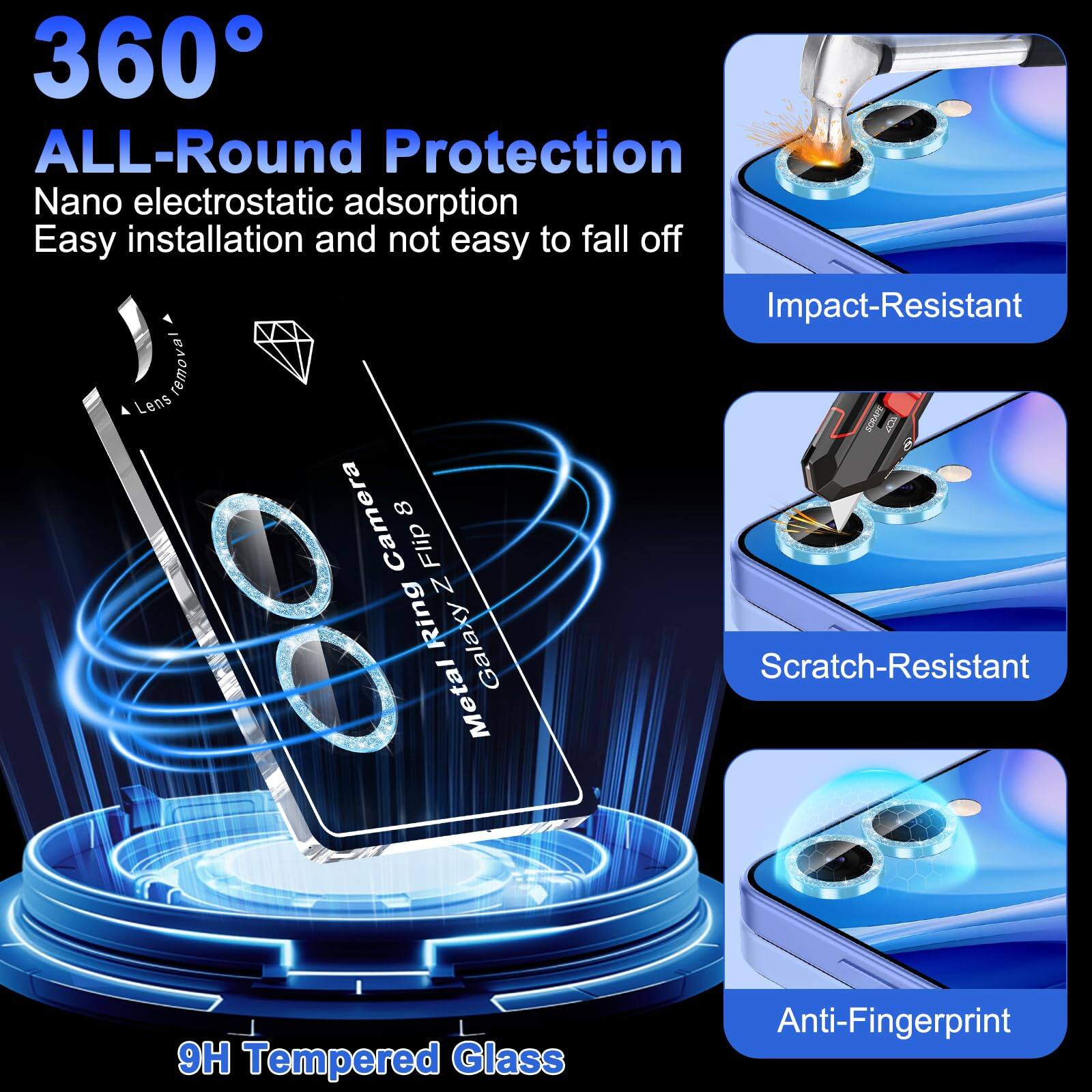 360° ALL-Round Protection  
Nano electrostatic adsorption  
Easy installation and not easy to fall off  
Impact-Resistant  
BA remo Lens SPNOS Camera 8 Flip Z dO Ring Galaxy  
Scratch-Resistant  
Metal 9H Tempered Glass  
Anti-Fingerprint