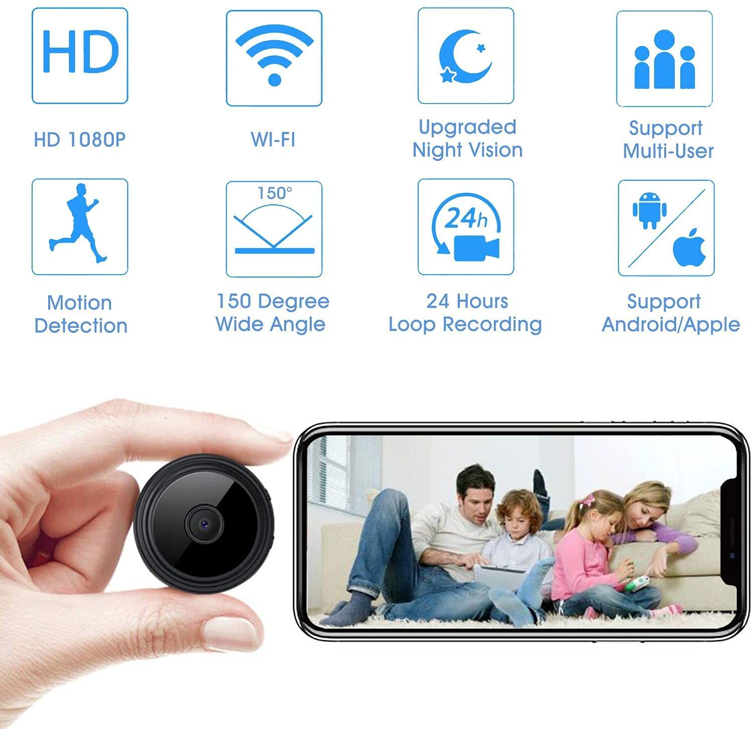 HD 1080P  
WI-FI  
Upgraded Night Vision  
Support Multi-User  
Motion Detection  
150 Degree Wide Angle  
24 Hours Loop Recording  
Support Android/Apple