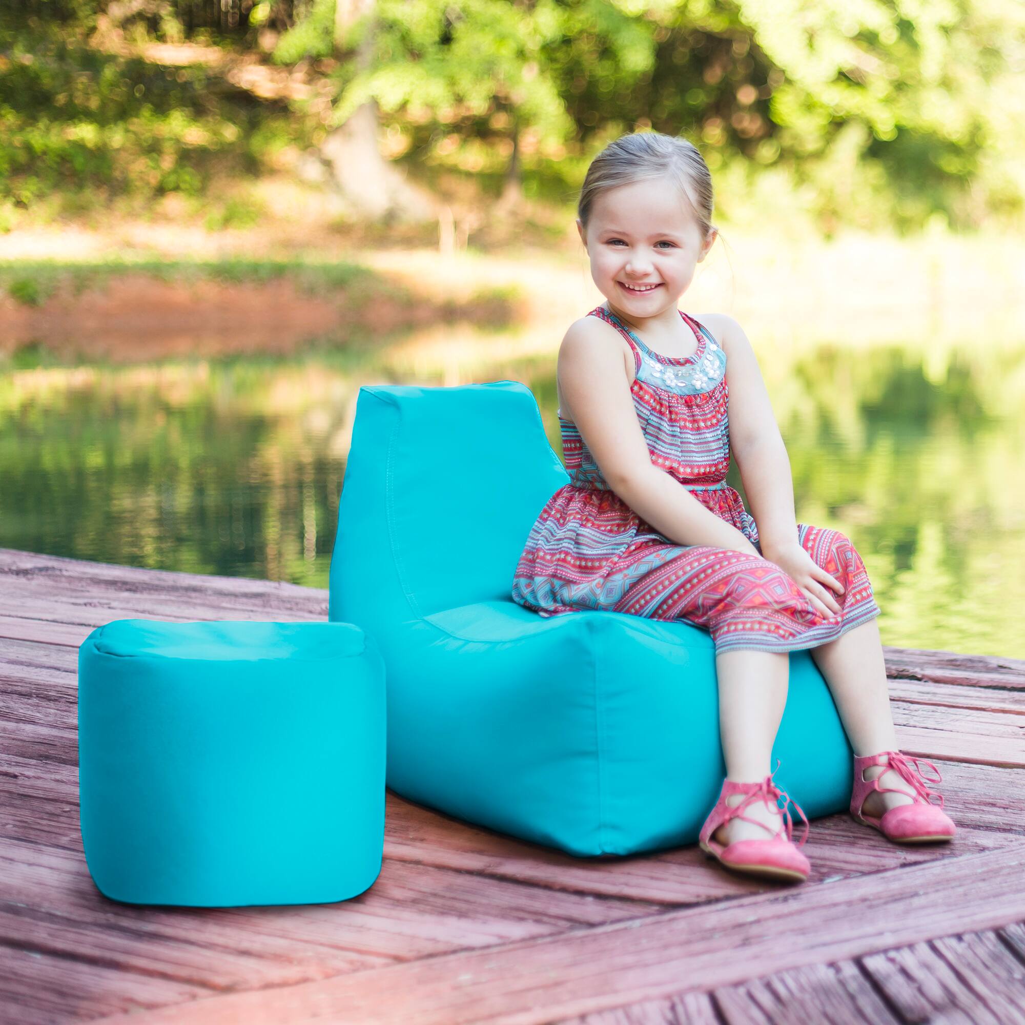 Left. Jaxx - Jaxx Juniper Jr Outdoor Kids Bean Bag Chair / Childrens Garden Chair, Lagoon Blue - Lagoon Blue.