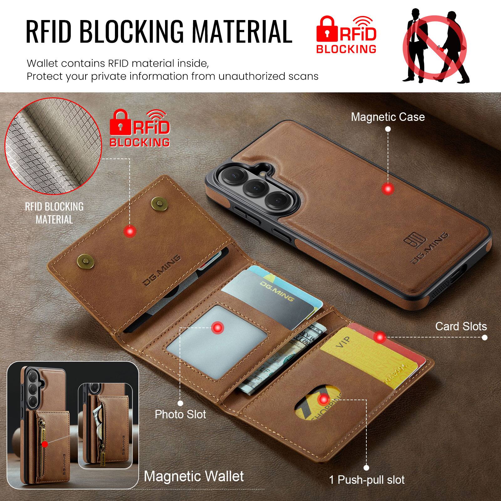 RFID BLOCKING MATERIAL

Wallet contains RFID material inside, Protect your private information from unauthorized scans

RFID BLOCKING Magnetic Case

RFID BLOCKING MATERIAL

DG.MING

Photo Slot

Magnetic Wallet

1 Push-pull slot

Card Slots