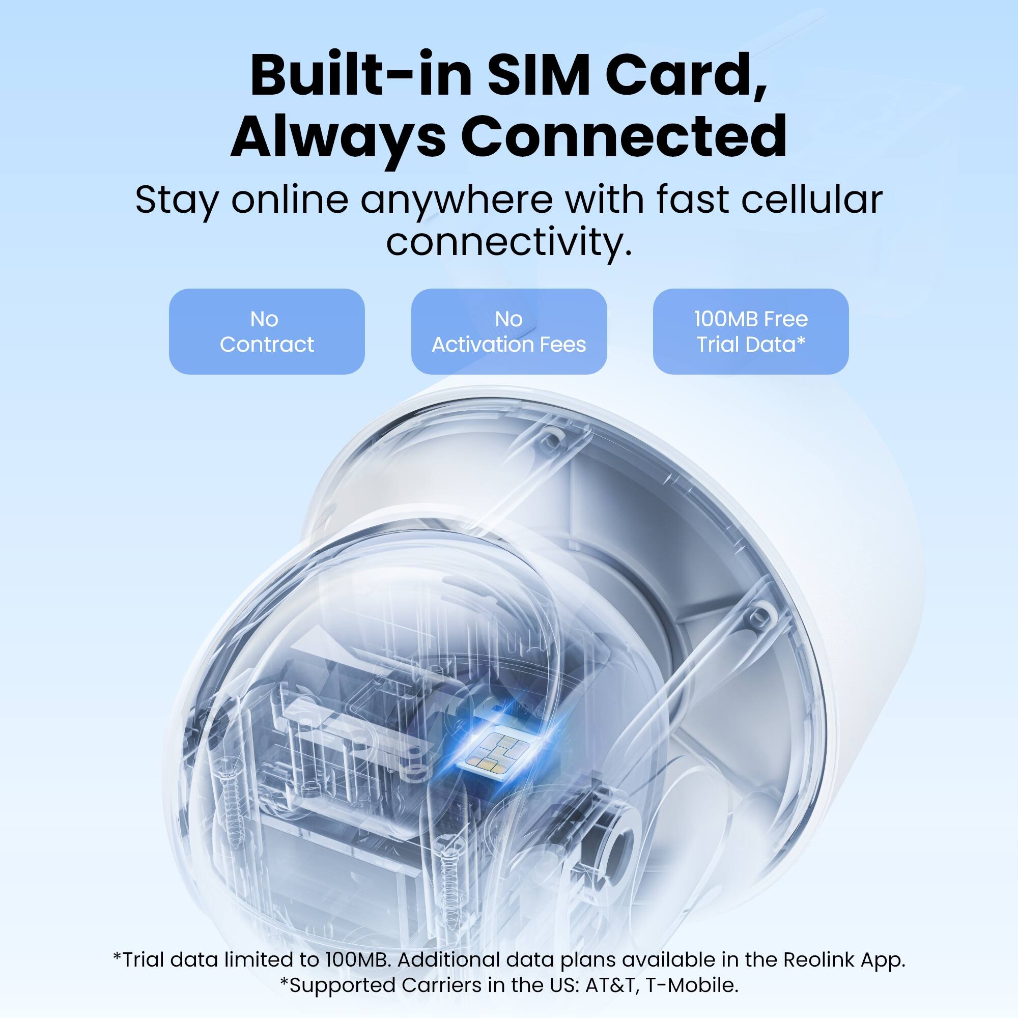 Built-in SIM Card, Always Connected  
Stay online anywhere with fast cellular connectivity.  
No Contract  
No Activation Fees  
100MB Free Trial Data*  
*Trial data limited to 100MB. Additional data plans available in the Reolink App.  
*Supported Carriers in the US: AT&T, T-Mobile.