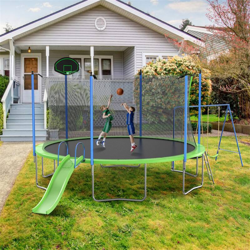 Angle. HTUTWOO - Trampoline 14FT with Slide and Swings -Trampoline w/Basketball Hoop, Ladder,Net,Mat,Spring Cover Padding for Adults Kids - Green.