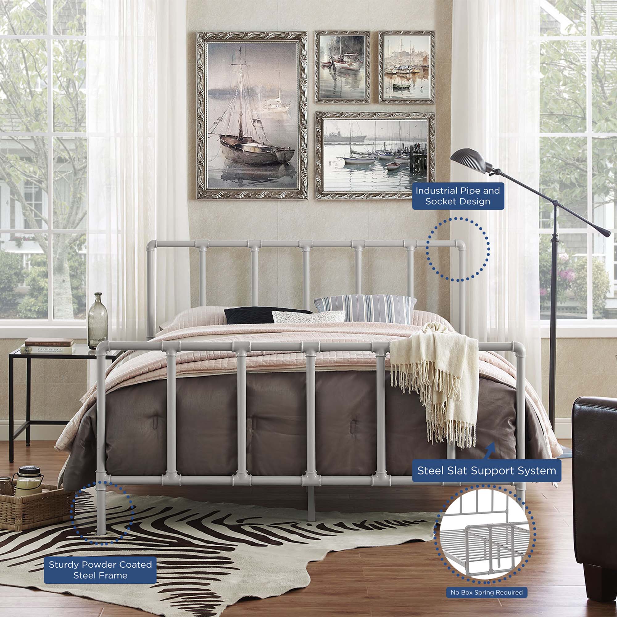 - Industrial Pipe and Socket Design
- Sturdy Powder Coated Steel Frame
- Steel Slat Support System
- No Box Spring Required