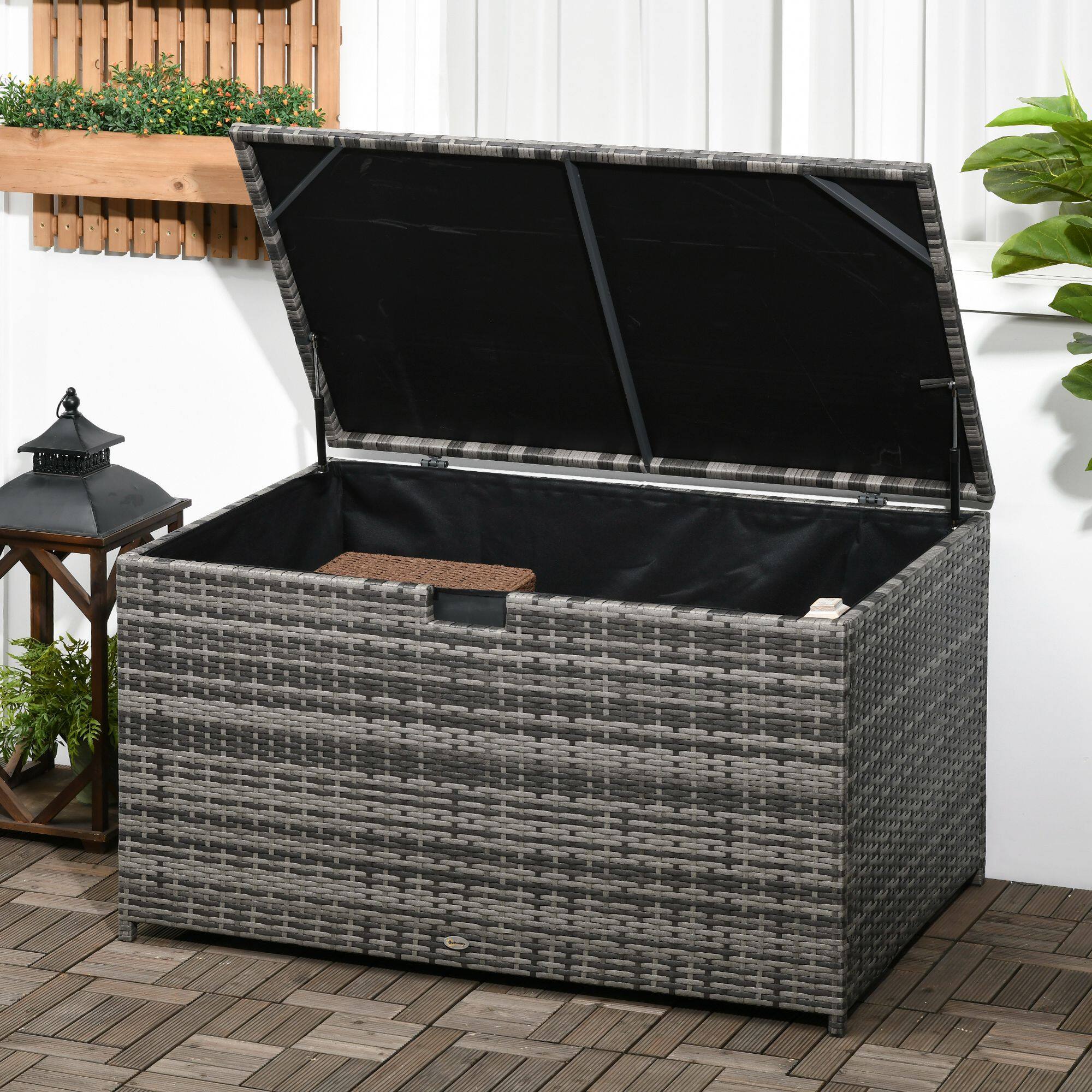Alt View 1. Outsunny - 113 Gallon Deck Box, Rattan Outdoor Storage Box, Waterproof Storage Container for Indoor, Patio Furniture Cushions - Dark Gray.