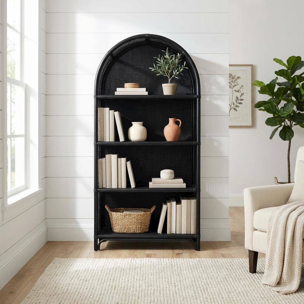 Left. FurniFact - Black Arched Rattan Bookshelf with Slim Shelves and Natural Finish - Black.