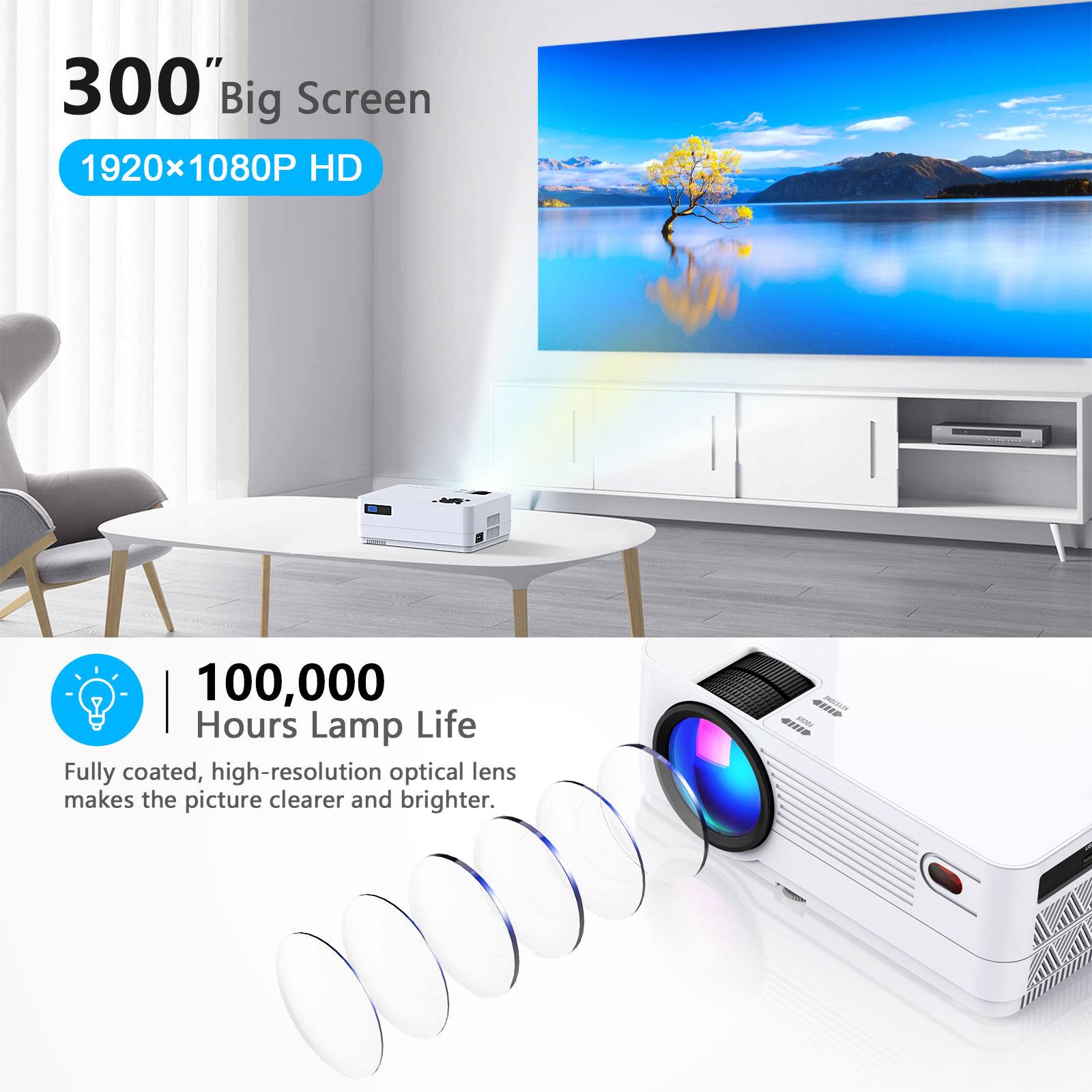 300" Big Screen  
1920x1080P HD  

100,000 Hours Lamp Life  
Fully coated, high-resolution optical lens makes the picture clearer and brighter.
