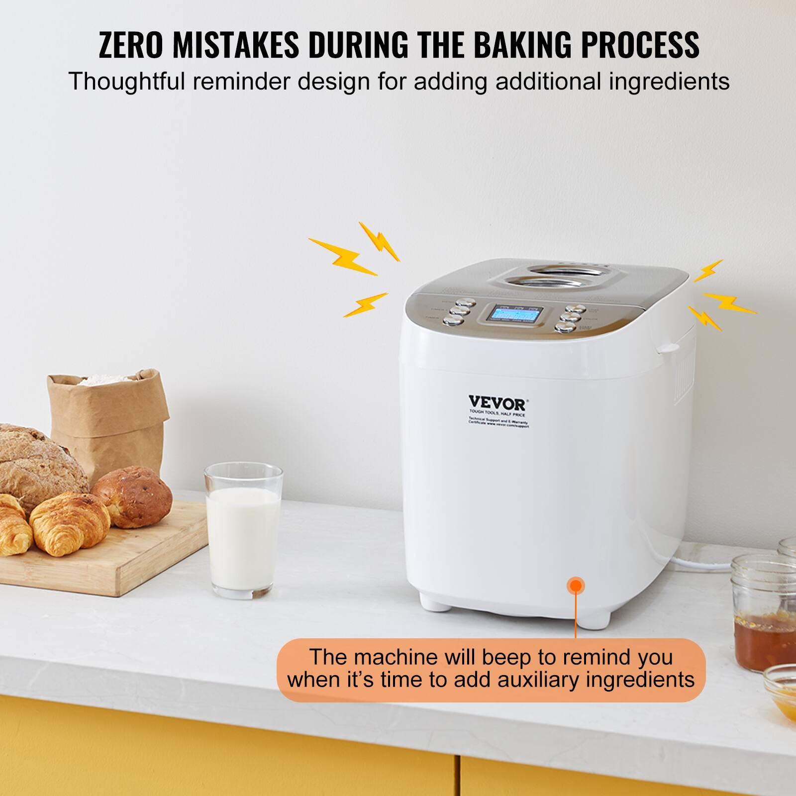 ZERO MISTAKES DURING THE BAKING PROCESS  
Thoughtful reminder design for adding additional ingredients

VEVOR YOUGH TOOLS - PRIX Schrica how - CarPhoto Marially

The machine will beep to remind you when it's time to add auxiliary ingredients