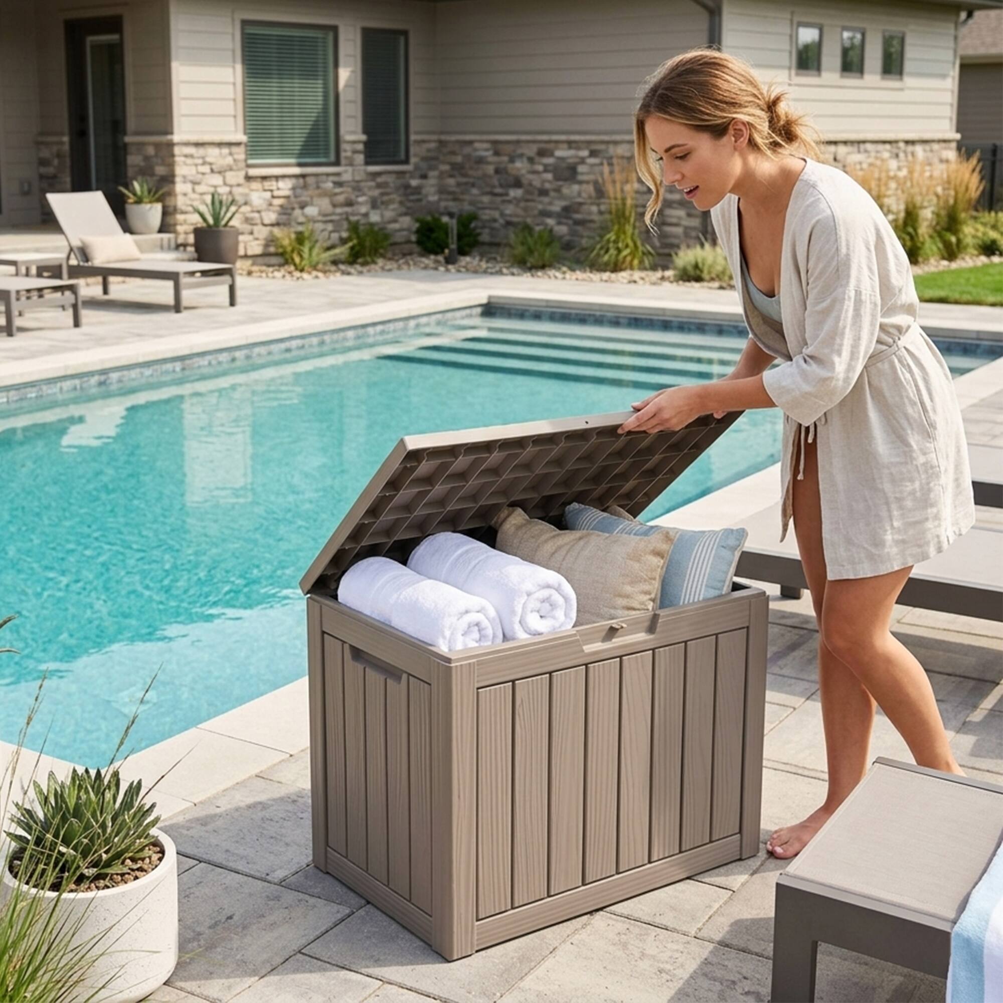 Alt View 3. LAUSAINT HOME - 50 Gal.Water Resistant Resin Lockable Deck Box, Large Lockable Capacity, Versatile Deck Storage Bench - Brown.