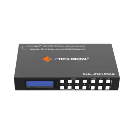 J-Tech Digital HDMI 4K60 4X4 Matrix with Audio Extraction Supports HDR10, Dolby Vision, and EDID Management - J-TECH DIGITAL Model: JTECH-4KM44A OUTPUT PRESET UP DOWN LOCK MENU ENTER 1 2 3 4 INPUT