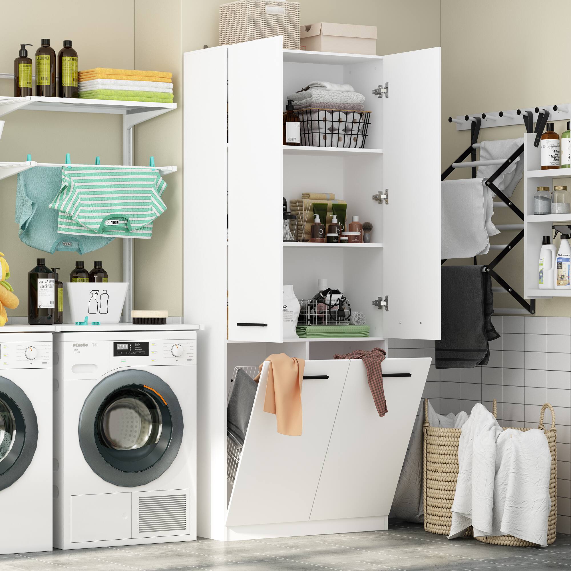 Alt View 7. FUFU & GAGA - Bathroom Storage Cabinet with Hidden Laundry Baskets – 78.7" Organizer Unit, Fixed Shelves, Flip‑Out Metal Hampers - White.