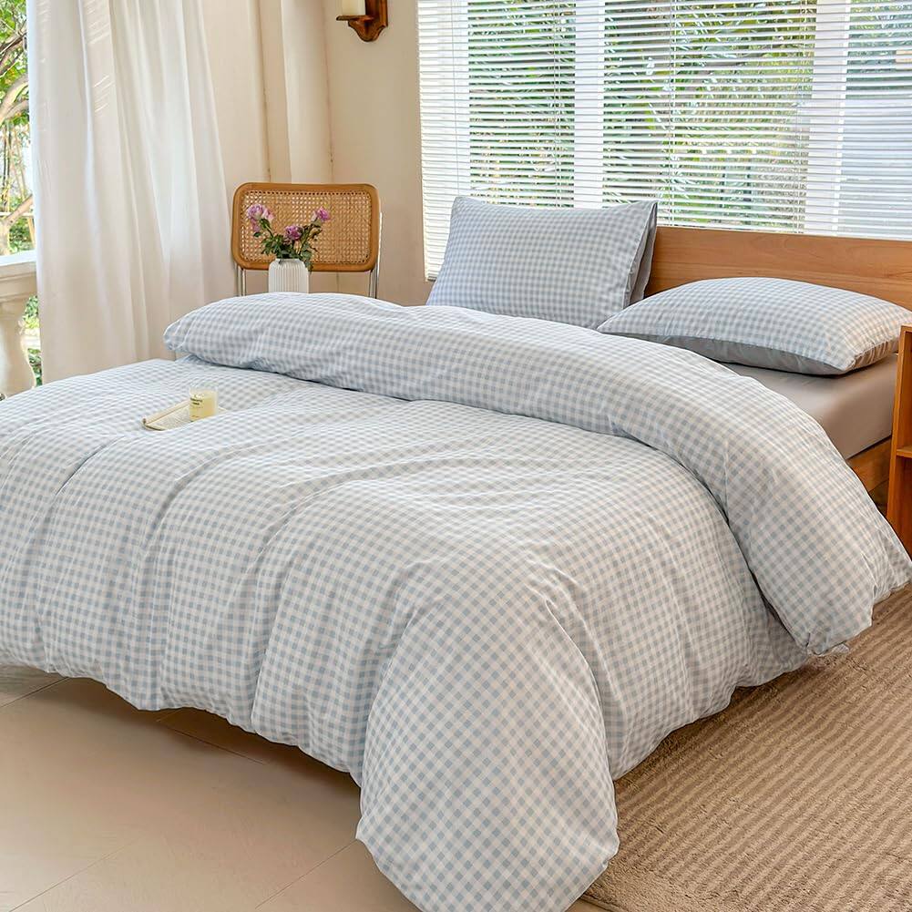 Back. Earthley Blooms - Light Gingham Duvet Cover Set Grid Simple Geometric Square Pattern Comforter Soft Plaid Washed Microfiber - Red Gingham-Twin/Twin XL(68"*90").