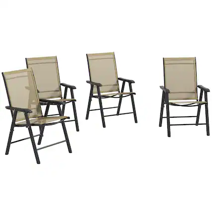 Front. Outsunny - Set of 4 Patio Folding Chairs, Stackable Outdoor Sling Patio Dining Chairs with Armrests for Lawn, Camping, Dining - Light Mixed Brown.