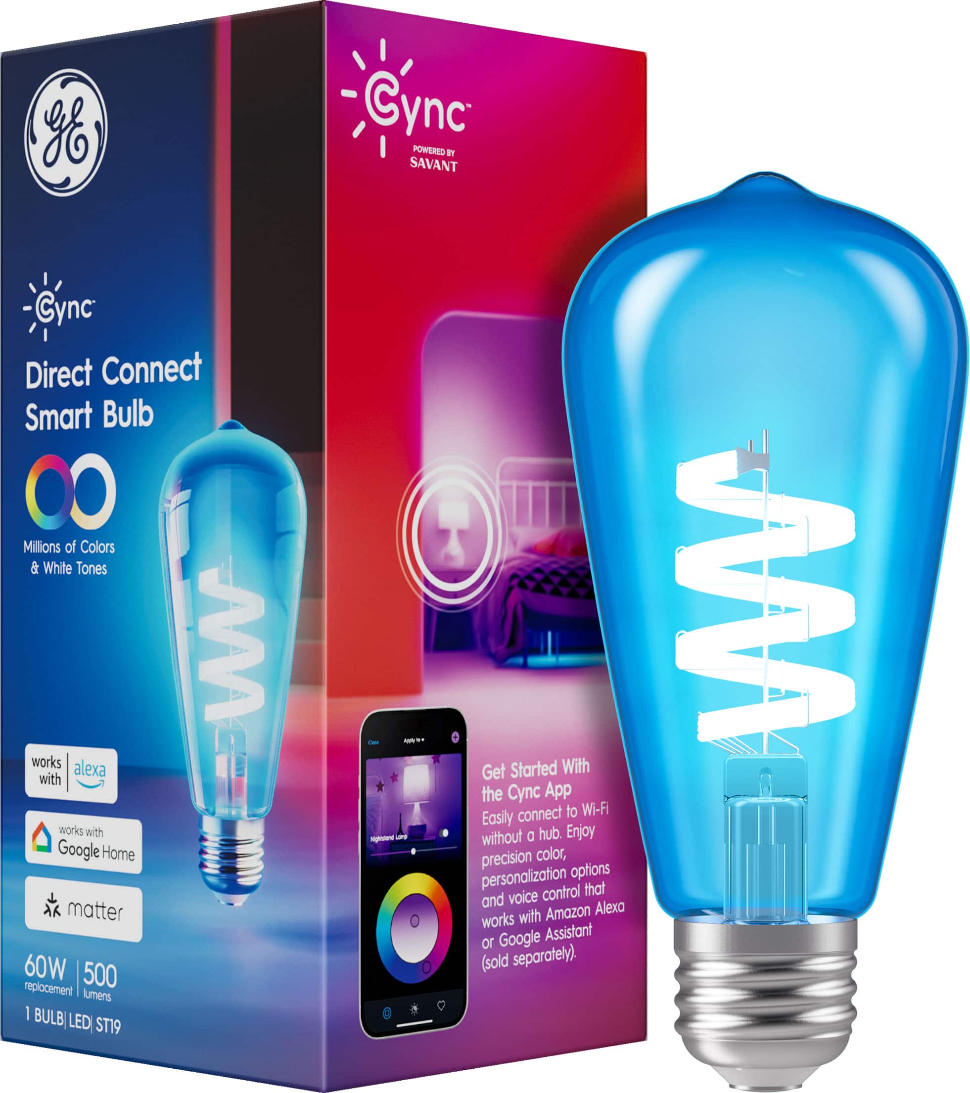 GE - Cync ST19 Smart LED Bulb Matter Compatible - Color Changing - Full Color - Front_Zoom