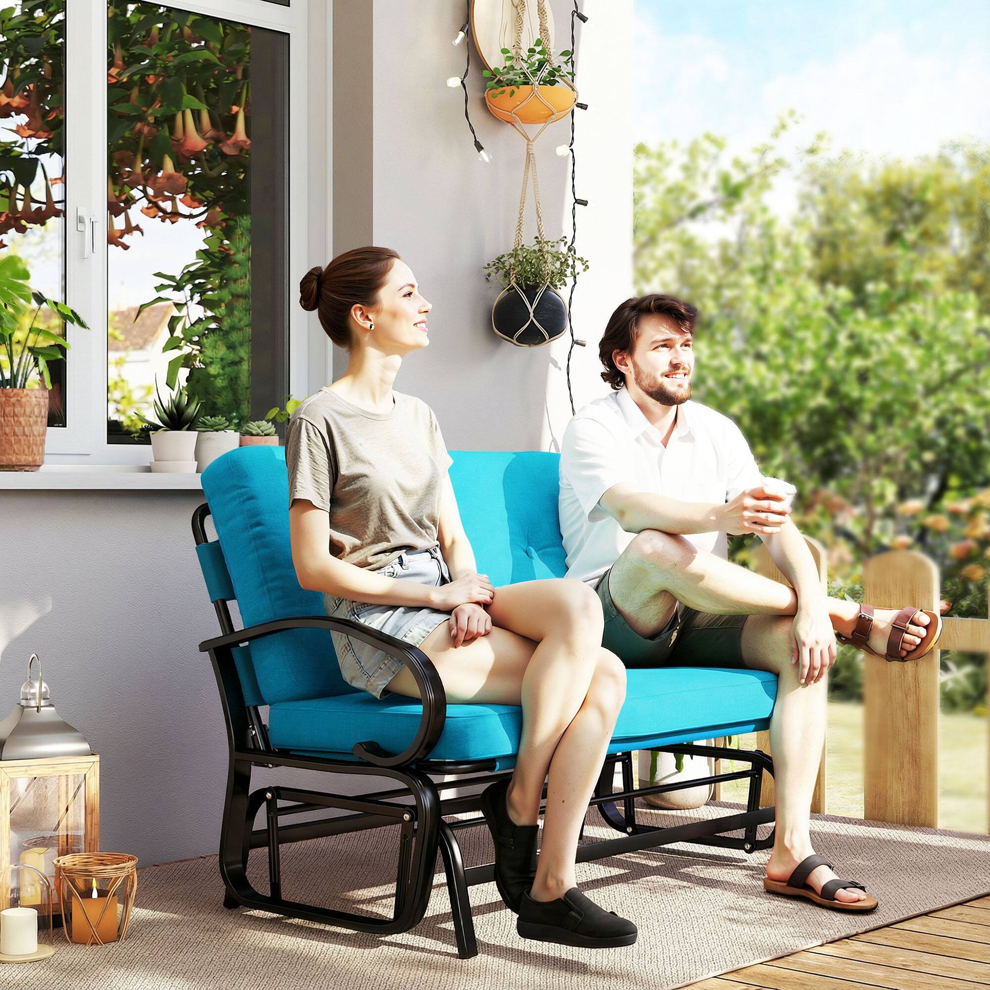 Alt View 1. Outsunny - Outdoor Glider Bench, 2-Person Patio Rocker Loveseat with Tufted Cushions, Steel Frame for Porch, Garden Backyard - Blue.