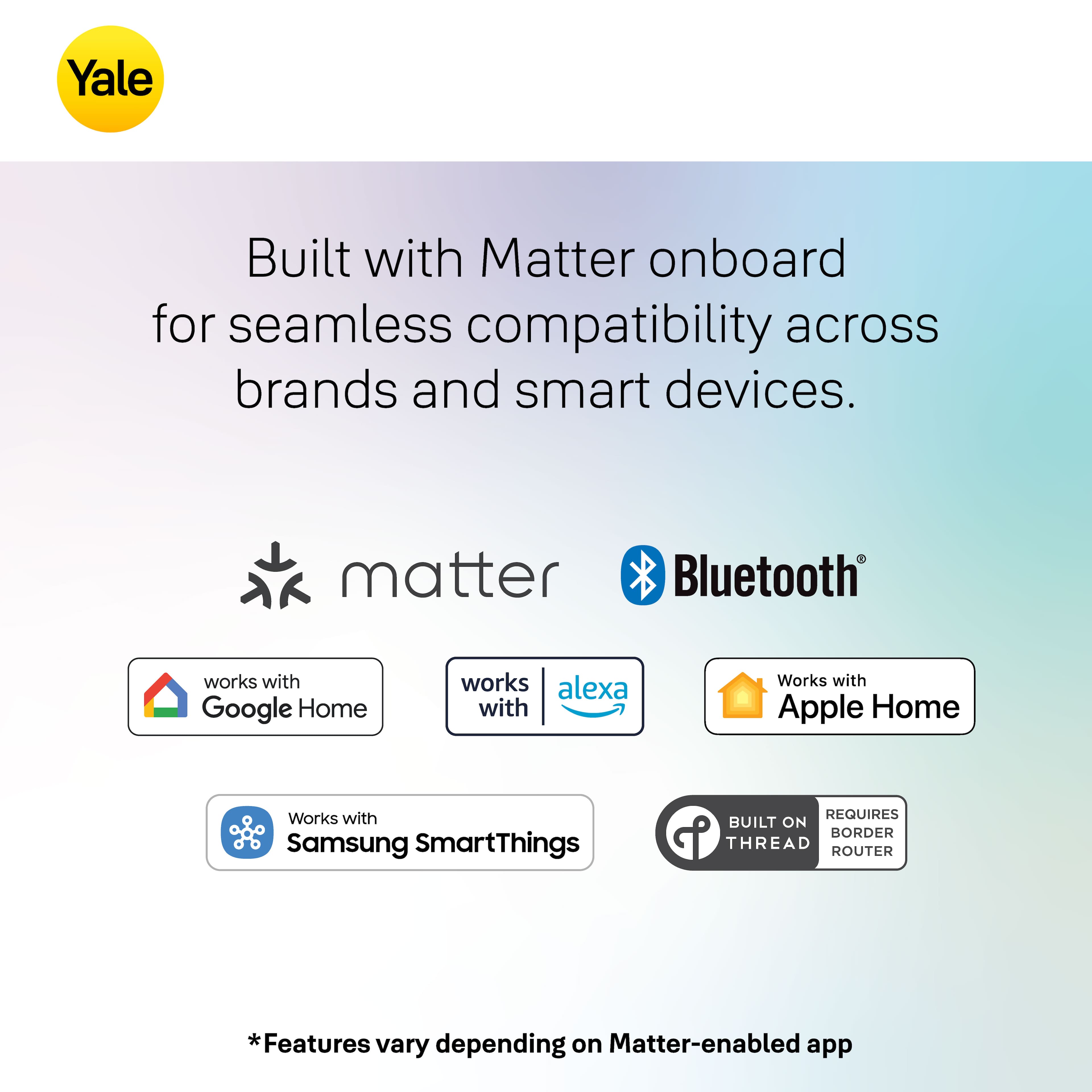 Yale built with Matter onboard for seamless compatibility across brands and smart devices. Matter Bluetooth works with Google Home, works with Alexa, works with Apple Home, and works with Samsung SmartThings. Requires built-in Border Thread Router. Features vary depending on Matter-enabled app.