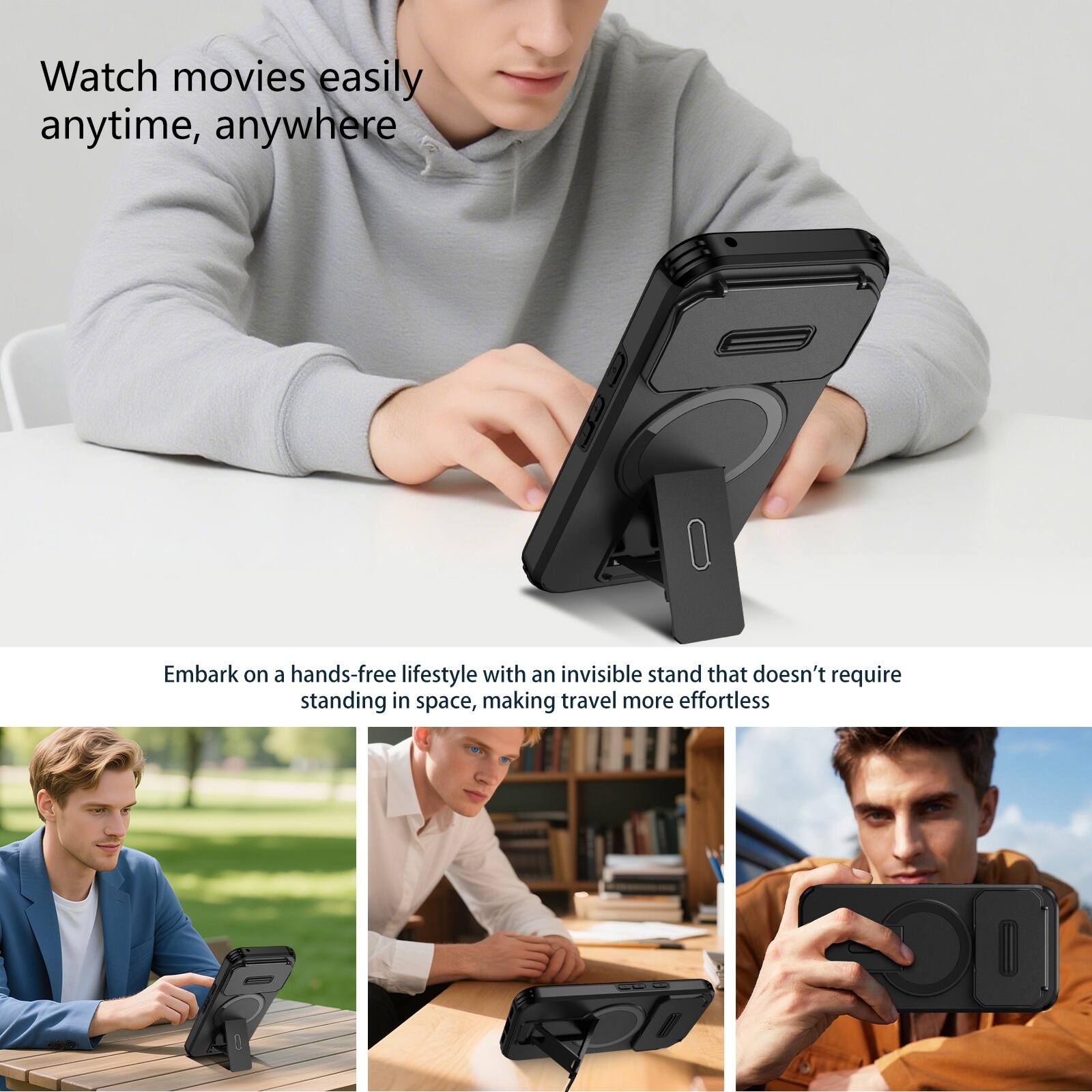 Watch movies easily anytime, anywhere

Embark on a hands-free lifestyle with an invisible stand that doesn't require standing in space, making travel more effortless