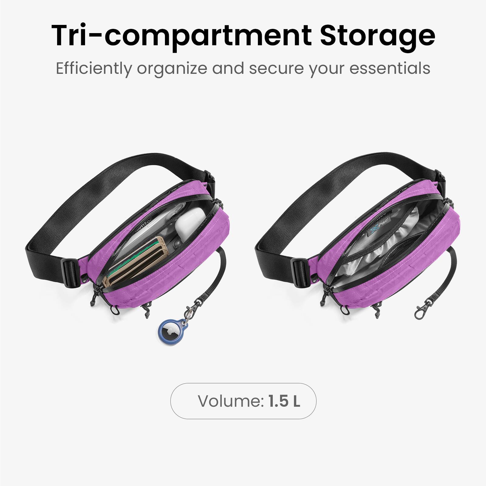 Tri-compartment Storage  
Efficiently organize and secure your essentials  
Volume: 1.5 L