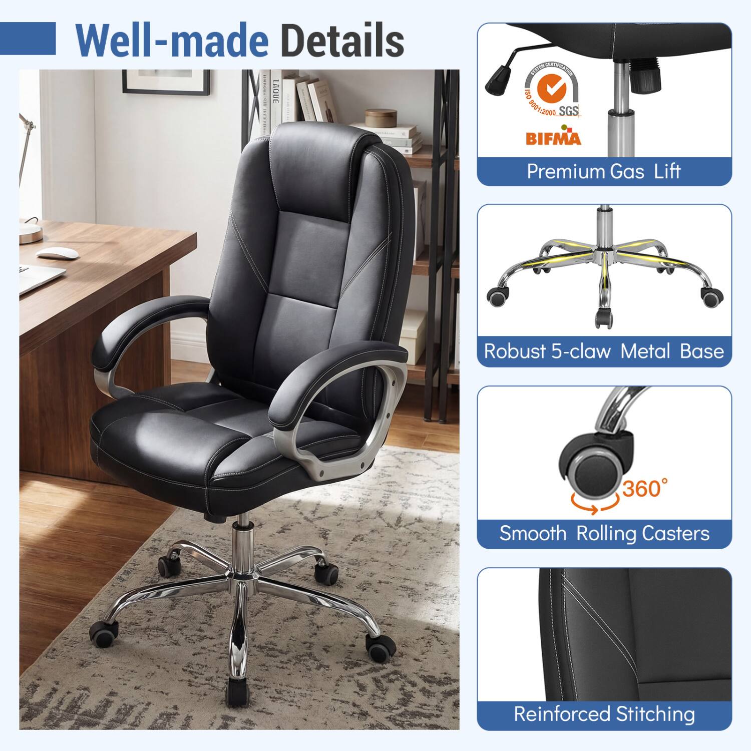 Well-made Details

- SPORTS DESTRICTION ISO 0001:2000 SGS BIFMA
- Premium Gas Lift
- Robust 5-claw Metal Base
- 360° Smooth Rolling Casters
- Reinforced Stitching
