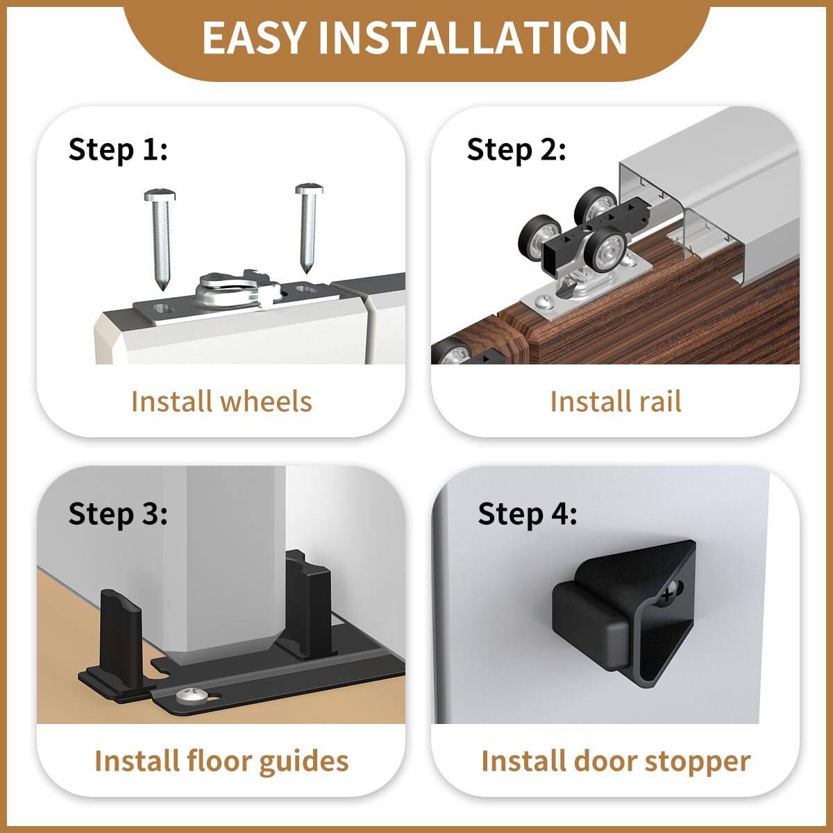 EASY INSTALLATION

Step 1: Install wheels

Step 2: Install rail

Step 3: Install floor guides

Step 4: Install door stopper