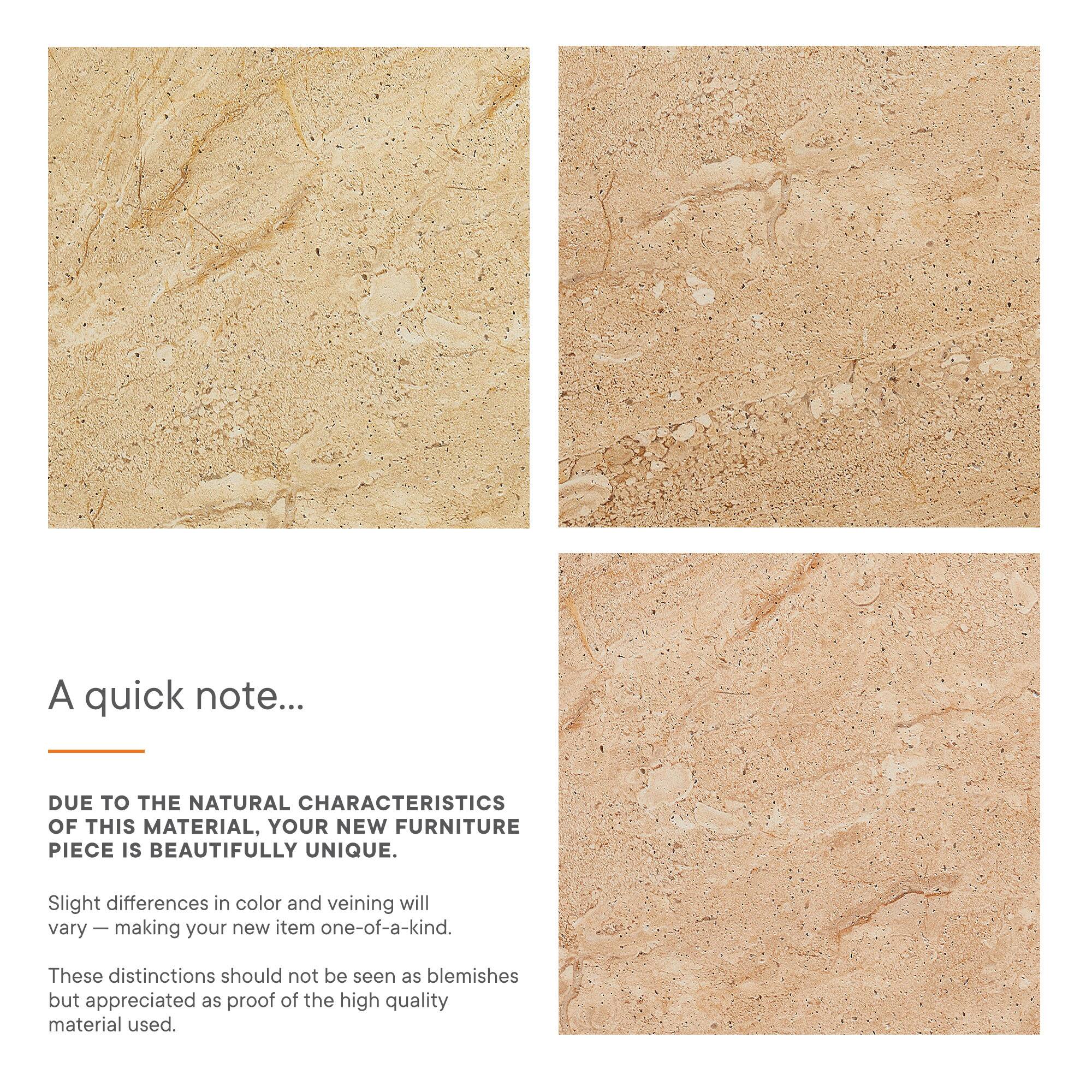 A quick note...

DUE TO THE NATURAL CHARACTERISTICS OF THIS MATERIAL, YOUR NEW FURNITURE PIECE IS BEAUTIFULLY UNIQUE.

Slight differences in color and veining will vary — making your new item one-of-a-kind.

These distinctions should not be seen as blemishes but appreciated as proof of the high quality material used.
