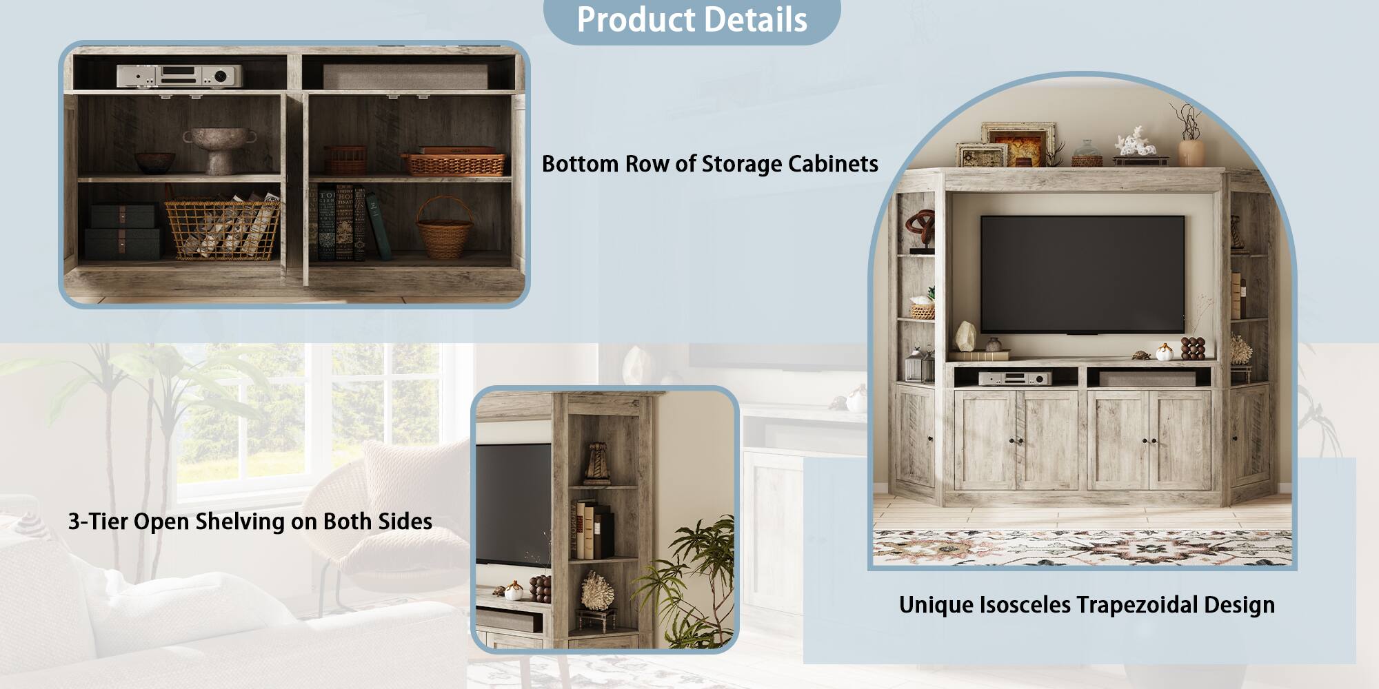 Product Details

- Bottom Row of Storage Cabinets
- 3-Tier Open Shelving on Both Sides
- Unique Isosceles Trapezoidal Design