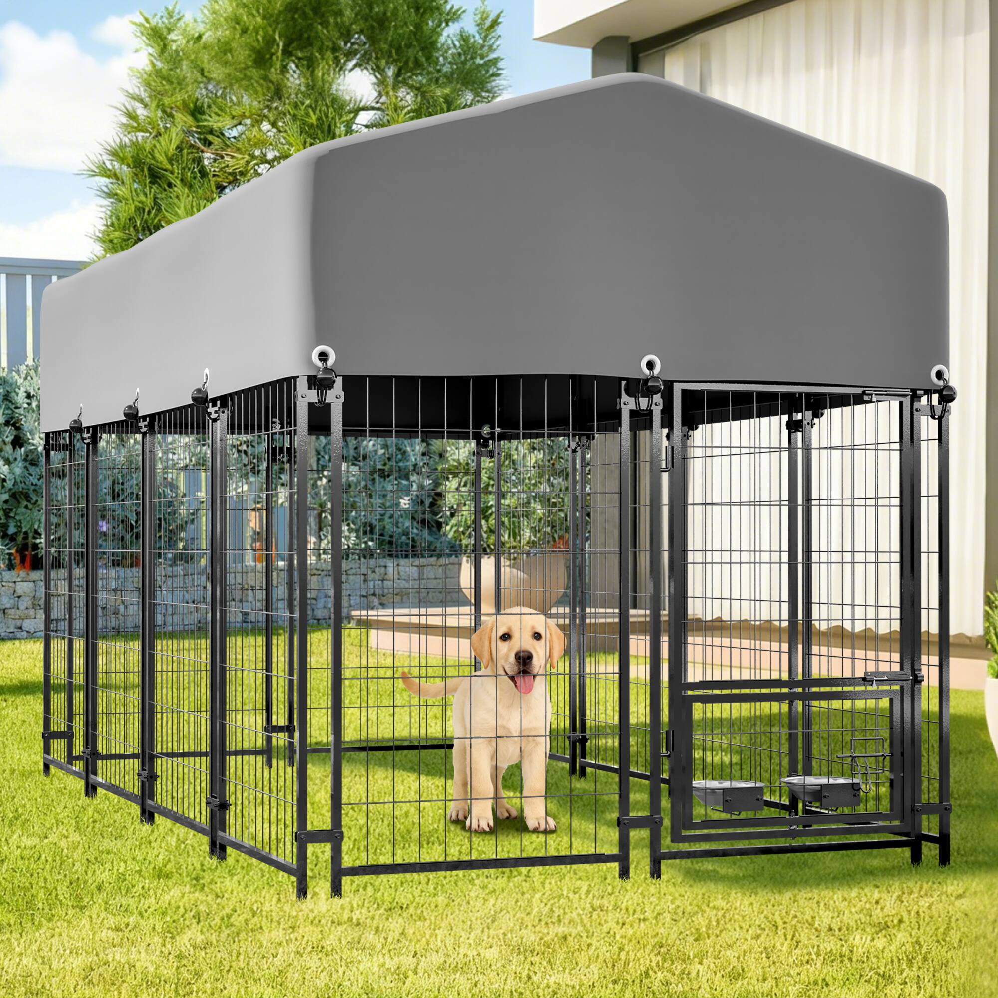Alt View 10. Siljoy - Outdoor Dog Kennel with Roof, Heavy Duty UV‑Resistant Cover, Dual Lock & Rotating Feeder.