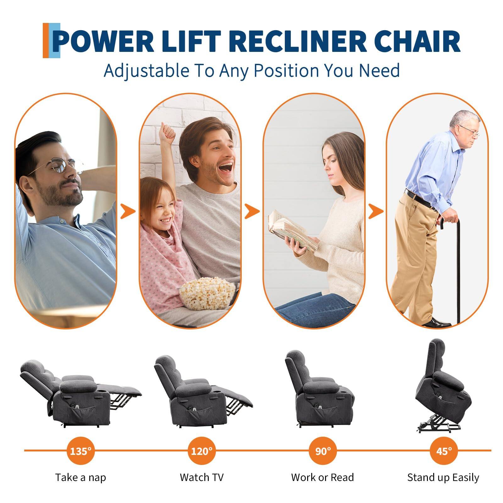 POWER LIFT RECLINER CHAIR  
Adjustable To Any Position You Need  

135° - Take a nap  
120° - Watch TV  
90° - Work or Read  
45° - Stand up Easily