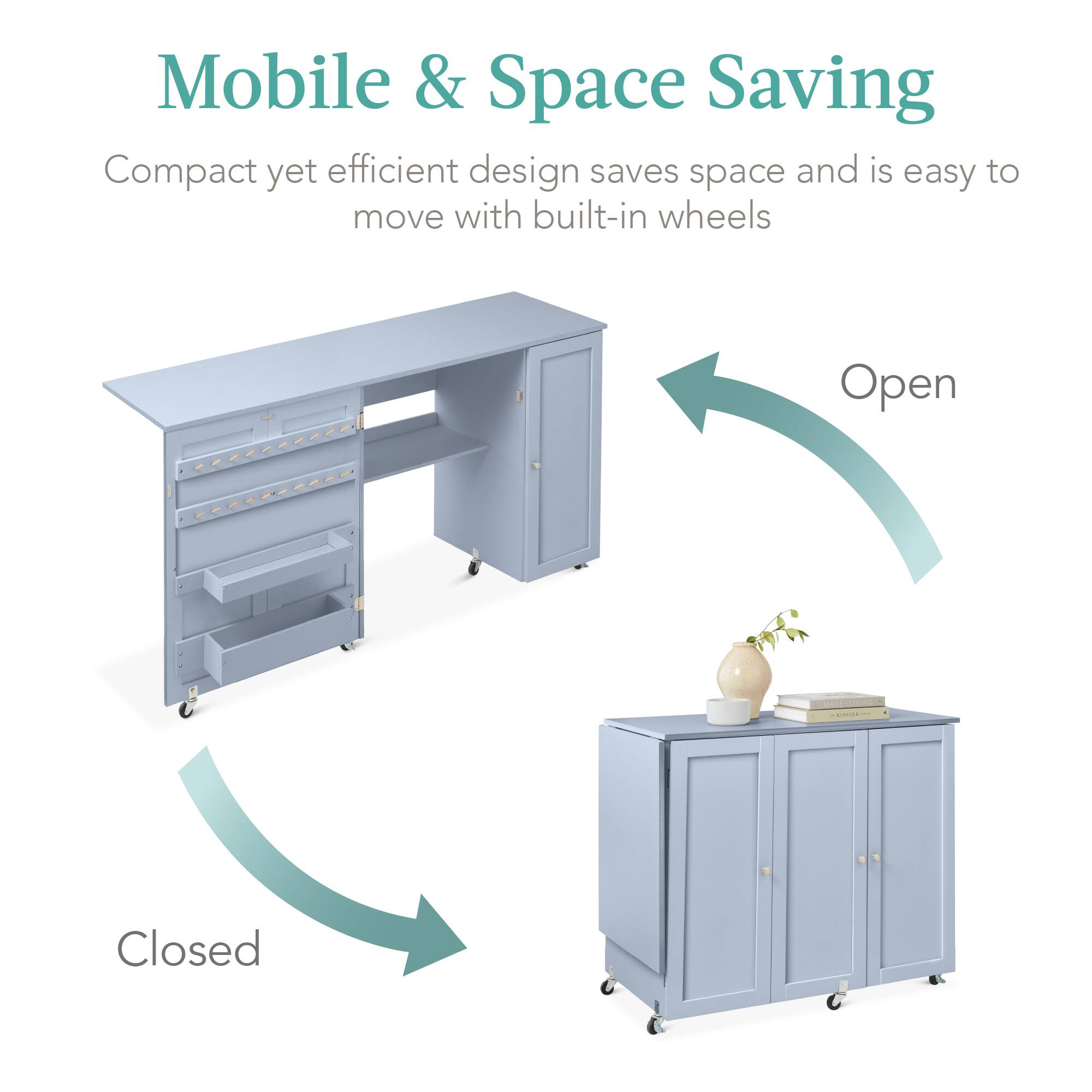 Mobile & Space Saving

Compact yet efficient design saves space and is easy to move with built-in wheels.

Open | Closed