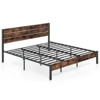 Costway King Bed Frame with Tall Industrial Headboard Heavy-Duty Metal Slats Support - Brown - Front_Zoom