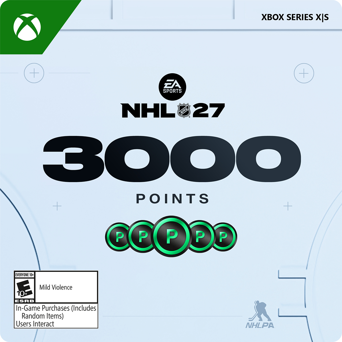 XBOX SERIES X|S  
EA SPORTS  
NHL 27 3000 POINTS  
EVERYONE 10+  
Mild Violence 10+ ESRB  
In-Game Purchases (Includes Random Items) Users Interact  
NHLPA