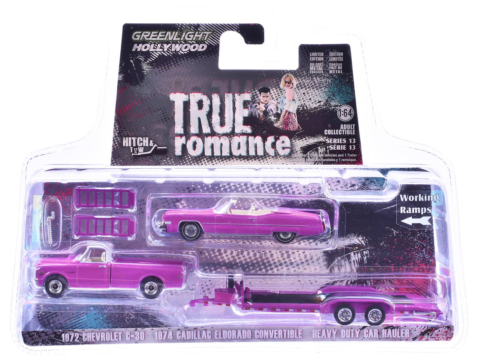GREENLIGHT HOLLYWOOD  
TRUE romance  
HITCH & TOW  
LIMITED EDITION  
EDITION LIMITÉE  
DIE-CAST CHASSIS  
METAL  
1:64  
ADULT COLLECTIBLE  
SERIES 13  
SERIE 13  
Vehicles and 1 Trailer  
Vehículos y 1 remolque  
Working Ramps  
1872 CHEVROLET C-30  
1974 CADILLAC EL DORADO CONVERTIBLE  
HEAVY DUTY CAR HAULER