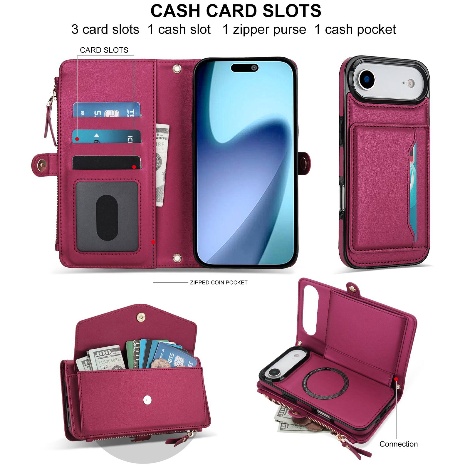 CASH CARD SLOTS  
3 card slots  
1 cash slot  
1 zipper purse  
1 cash pocket  

CARD SLOTS  

ZIPPED COIN POCKET  

Connection