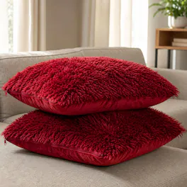 Cheer Collection - Plush Shaggy Long Hair Faux Fur Accent Throw Pillows with Inserts, 18 x 18-Inch, Set of 2 - Maroon