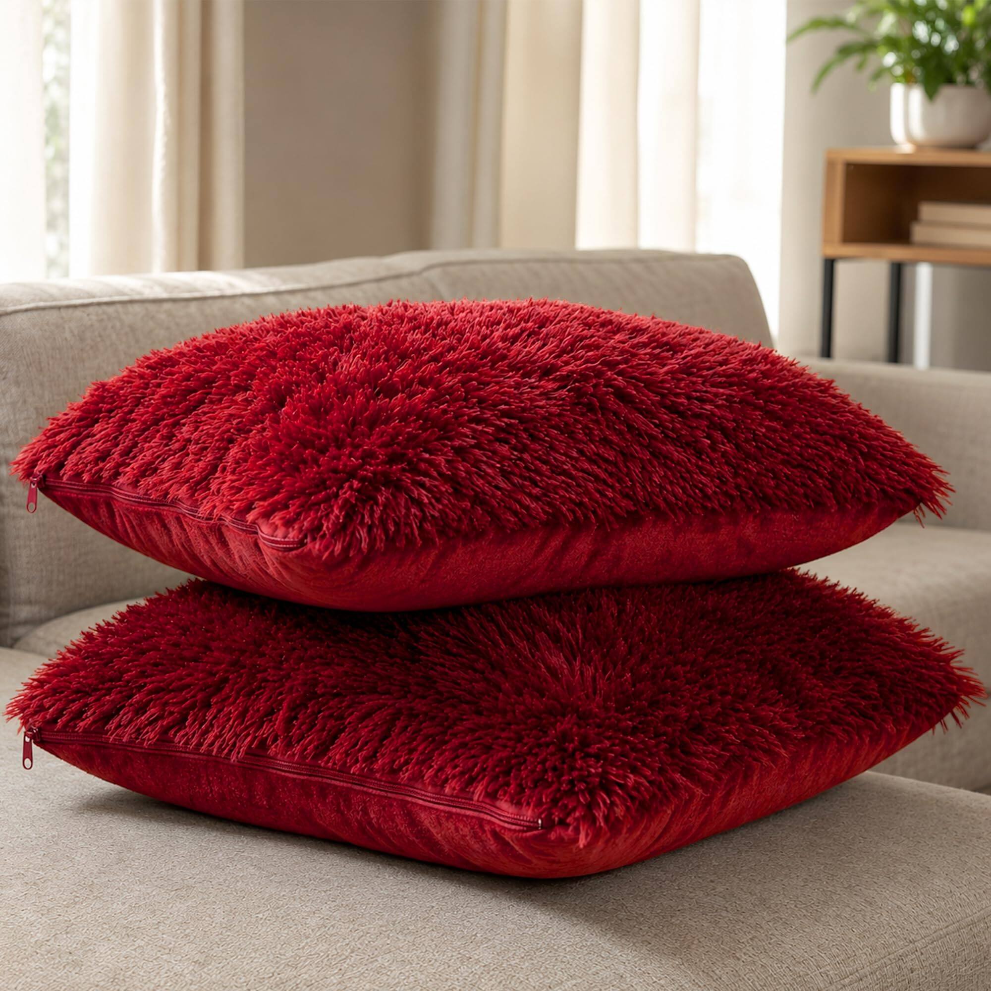 Front. Cheer Collection - Set of 2 Shaggy Long Hair Throw Pillows - Maroon.