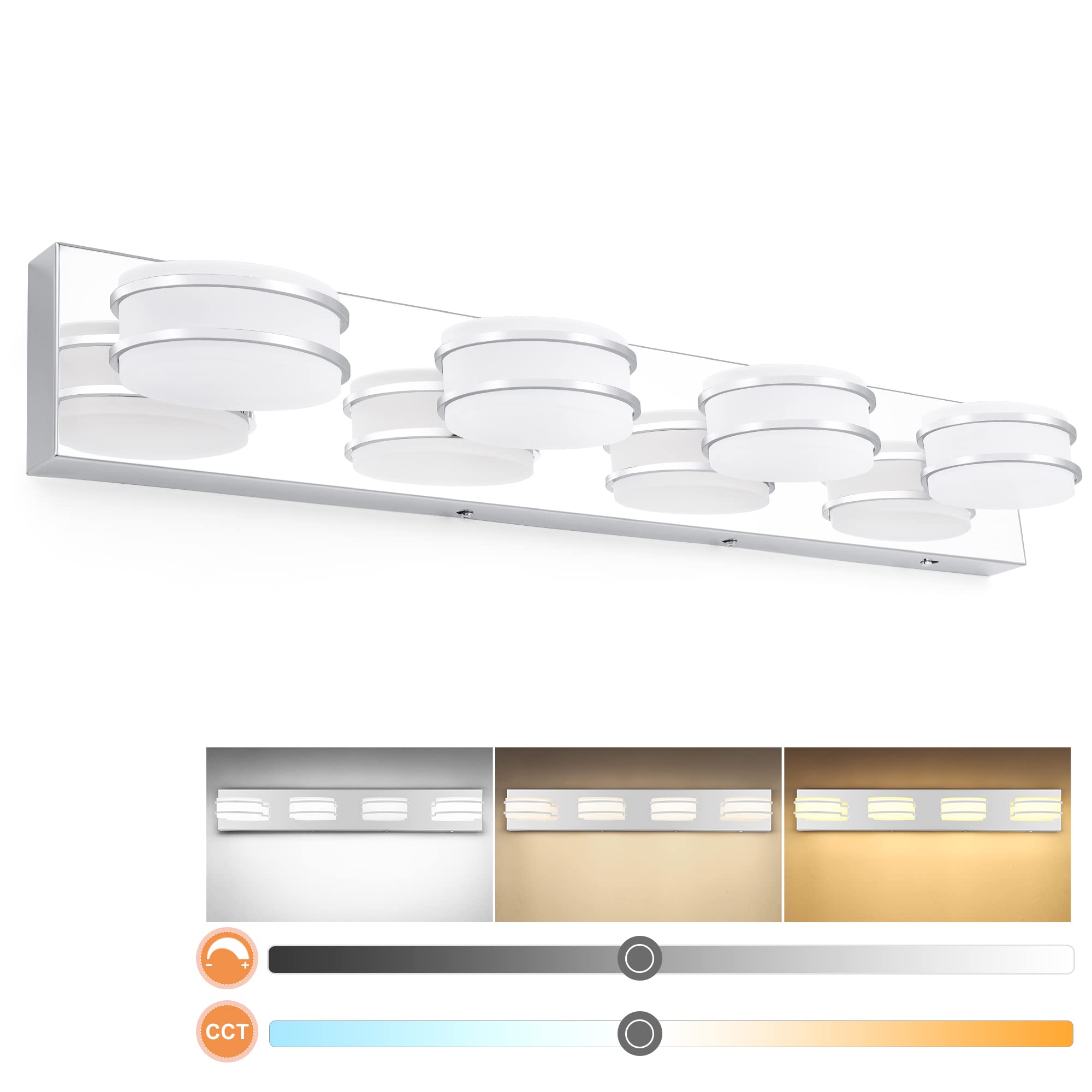 Comfort Essence - Color Temperature Dimmable Vanity Lights For Bathroom Led Chrome Light Fixtures Stainless Steel Square Shad - Chrome- Oval Shade 4 Lights