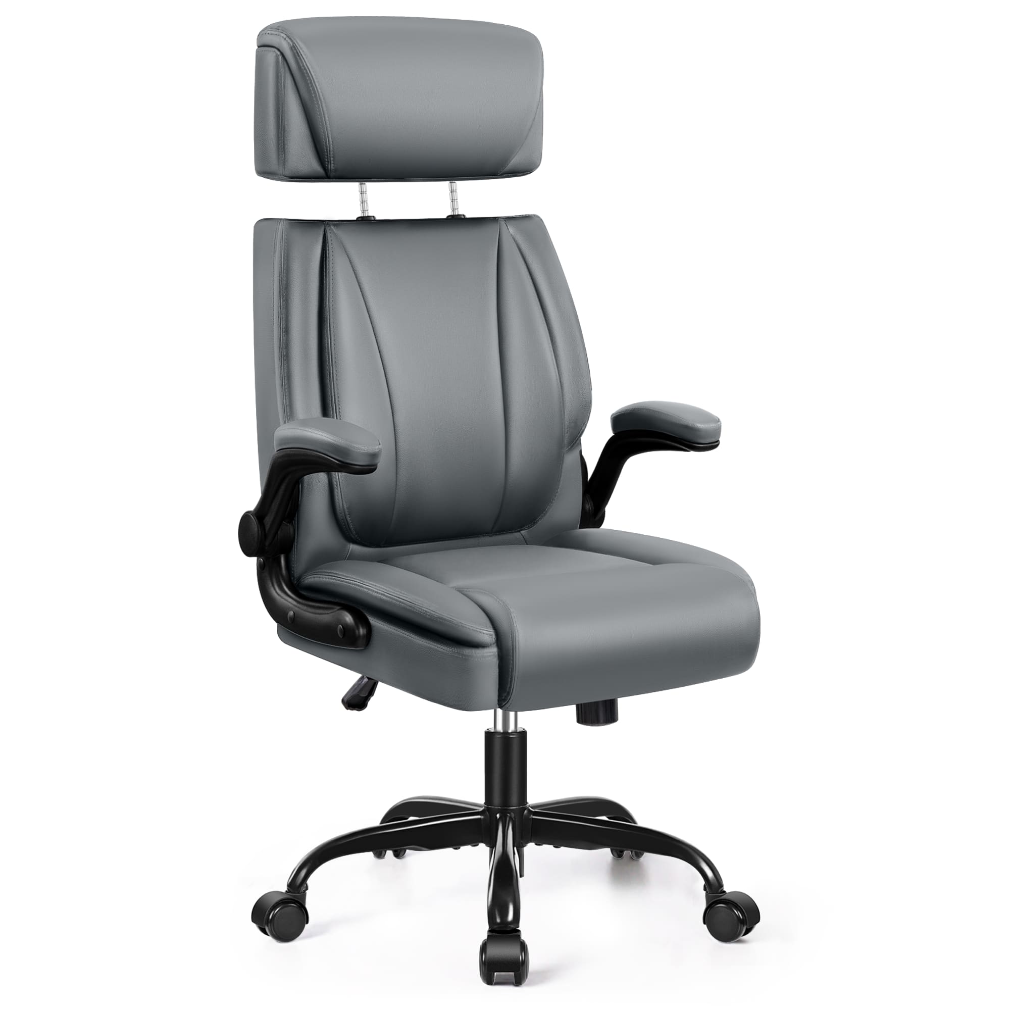 Front. KERDOM - Ergonomic Office Chair with Lifting Headrest, Adjustable Executive PU Leather Chair, Filp-up Armrests, Tilt PC Chair - Grey.