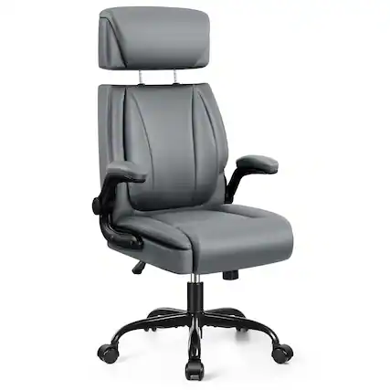 Front. KERDOM - Ergonomic Office Chair with Lifting Headrest, Adjustable Executive PU Leather Chair, Filp-up Armrests, Tilt PC Chair - Grey.