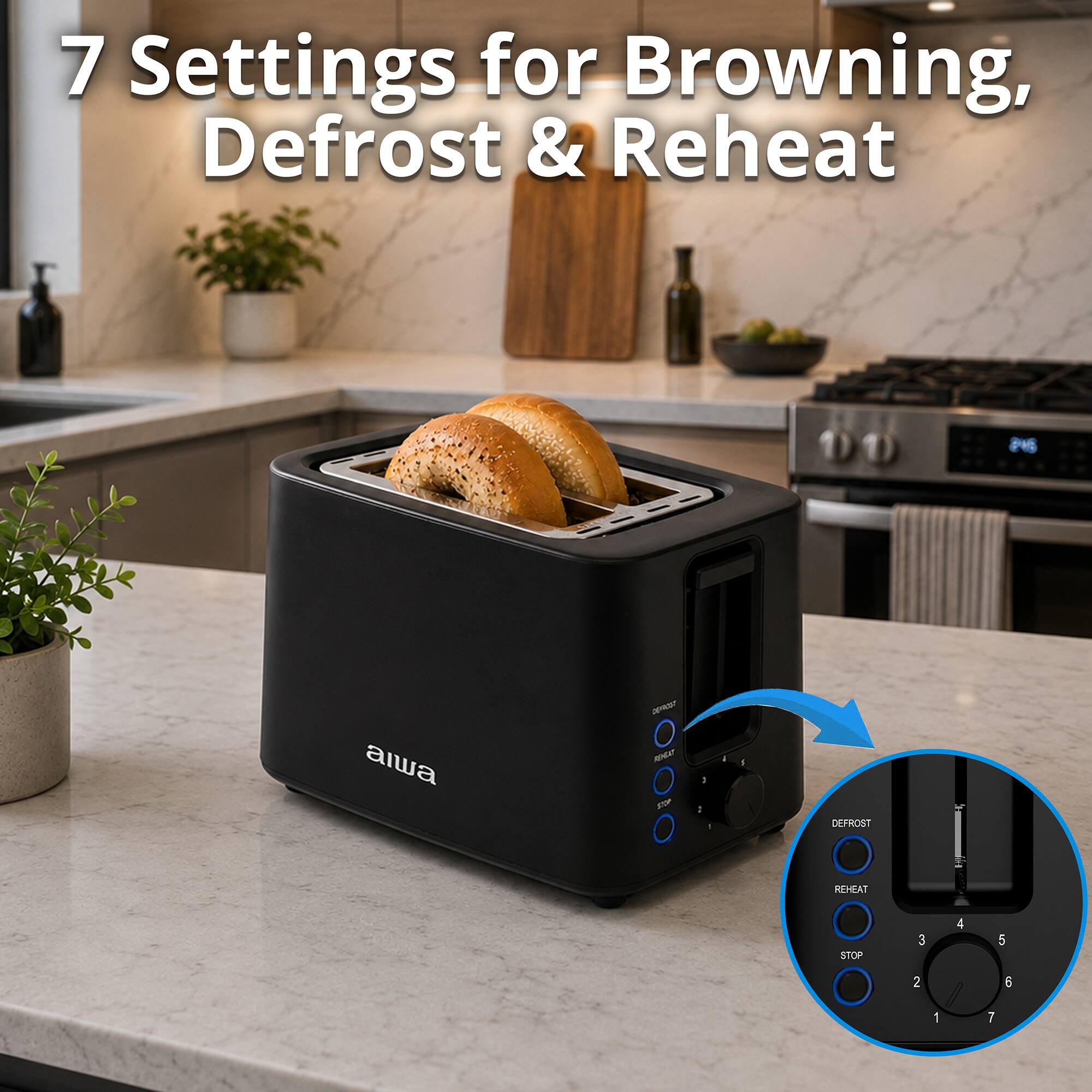 7 Settings for Browning, Defrost & Reheat

aiwa

BP 1 d d I DEFROST REHEAT STOP 3 4 5 2 5 1 7