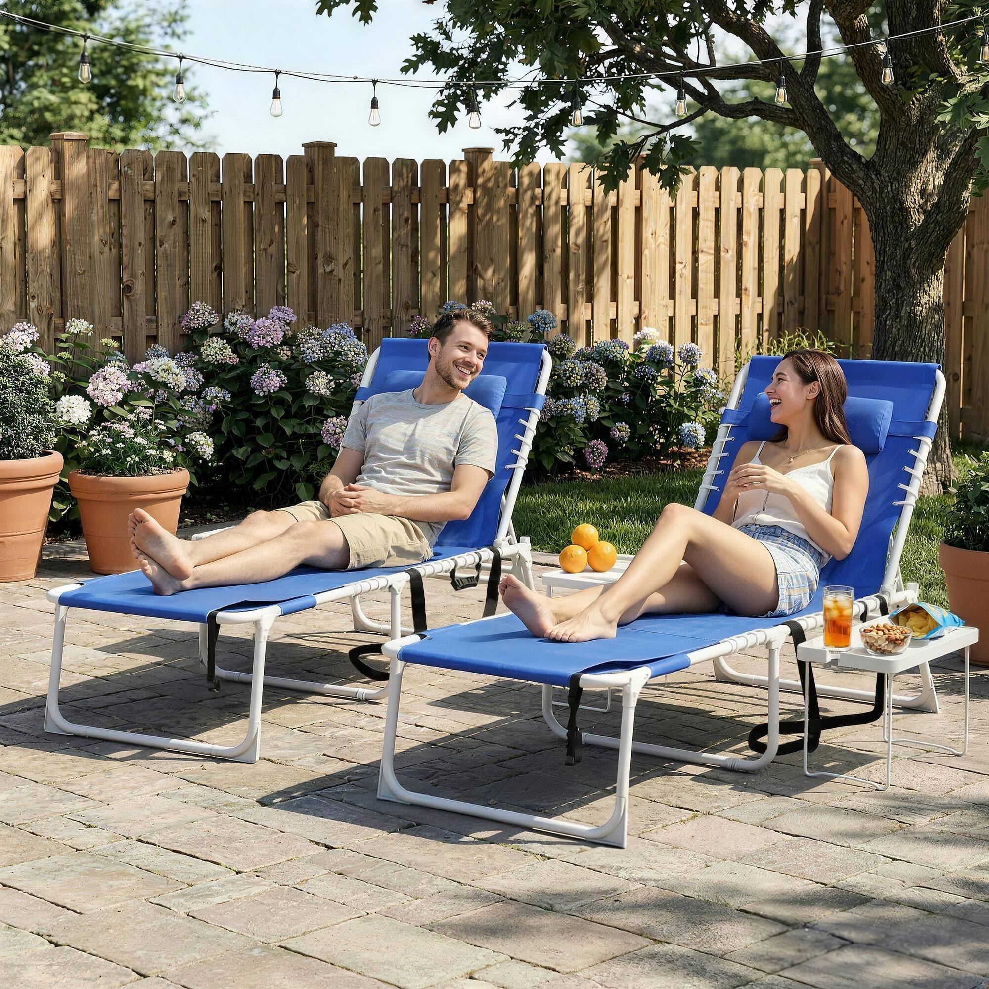 Alt View 1. Outsunny - Chair Set of 2 with Face Hole and Side Table, 5-Position Folding Outdoor Chaise Lounge Chair - Navy Blue.
