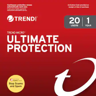 Continuous protection renews automatically each year.
Credit card or PayPal required for auto-renewal subscription and use.
TREND MICRO™
ULTIMATE PROTECTION
20 USERS | 1 YEAR
Activation Code provided on receipt at time of purchase
Stop Scams and Spam
TREND MICRO ScamCheck