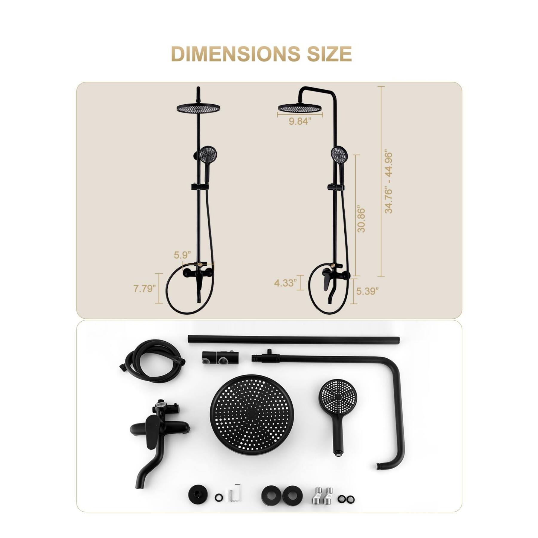 DIMENSIONS SIZE

- 9.84"
- 30.86"
- 34.76" - 44.96"
- 7.79"
- 5.9"
- 4.33"
- 5.39"